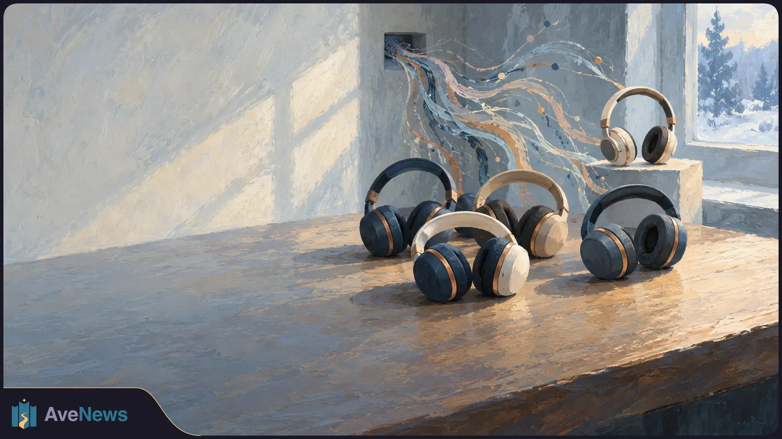 Illustration of several over-ear headphones on a wooden table and a pedestal. Colorful flowing lines emerge from a square opening in the wall beside a snowy window. SI illustration