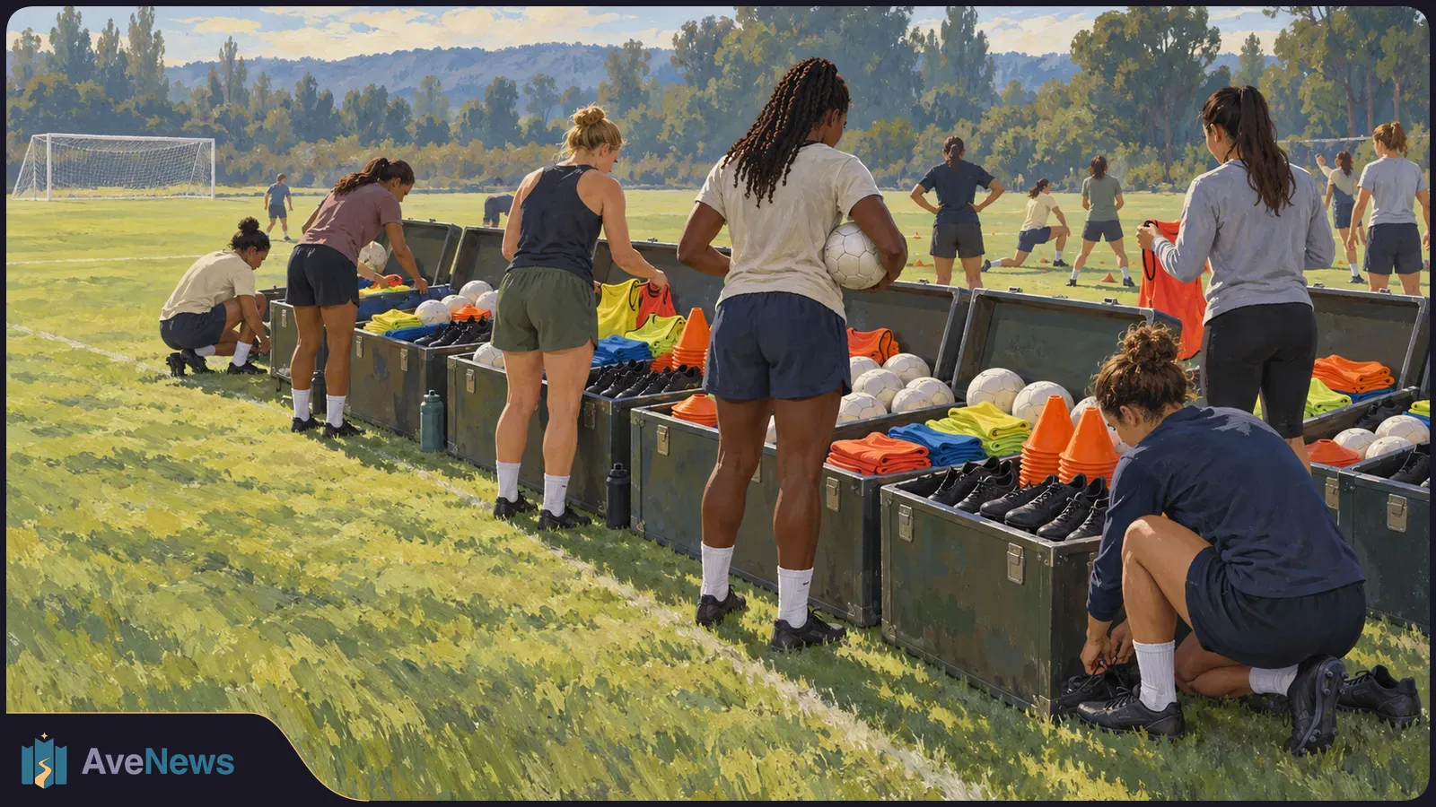 Illustration of women sorting soccer balls, cleats, cones and training bibs beside open equipment chests on a grassy field; other players practice near a goal. SI illustration