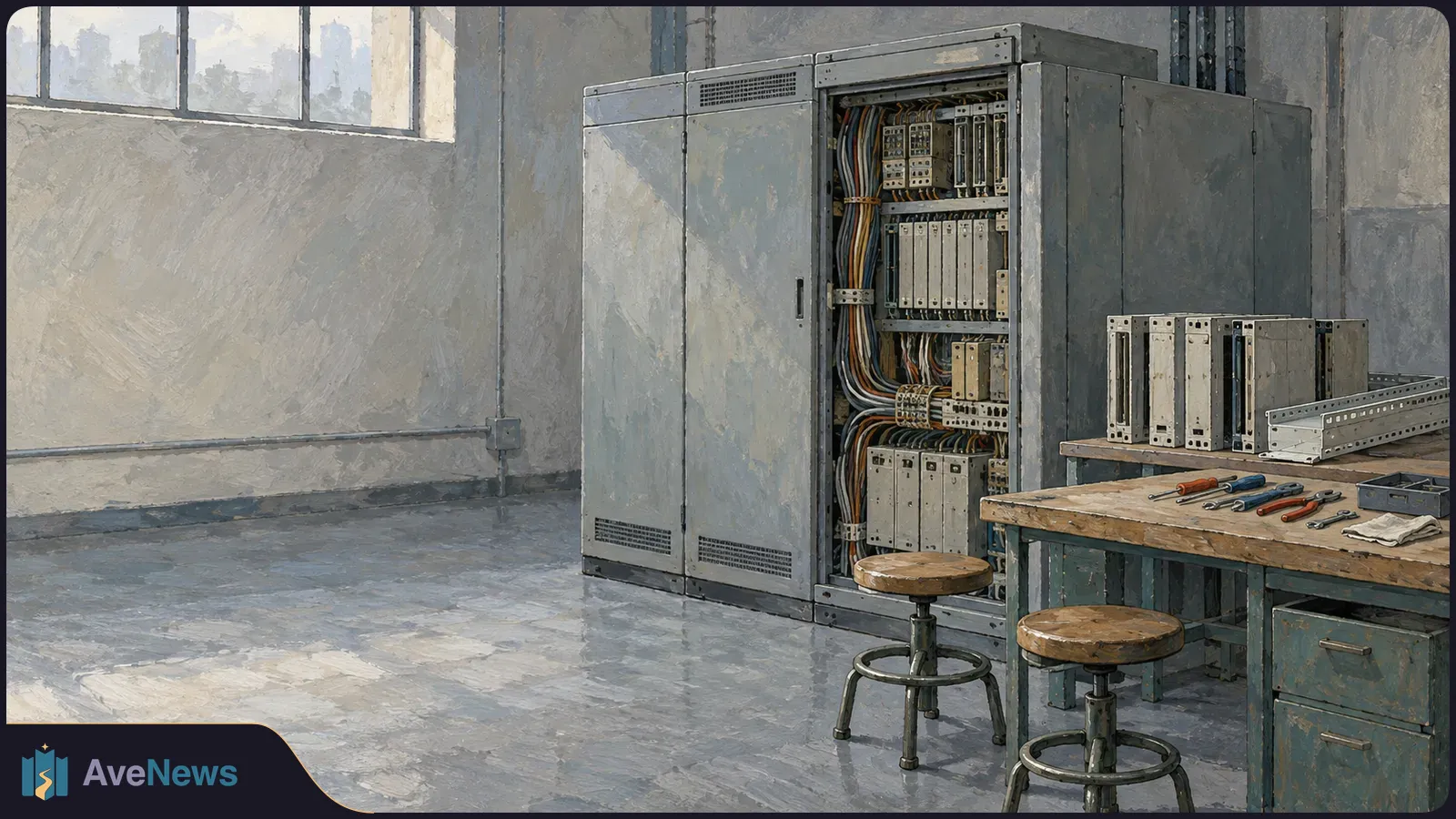 Illustration of an older electrical cabinet with exposed wiring and modules in a workshop, beside a bench of tools and spare components. SI illustration