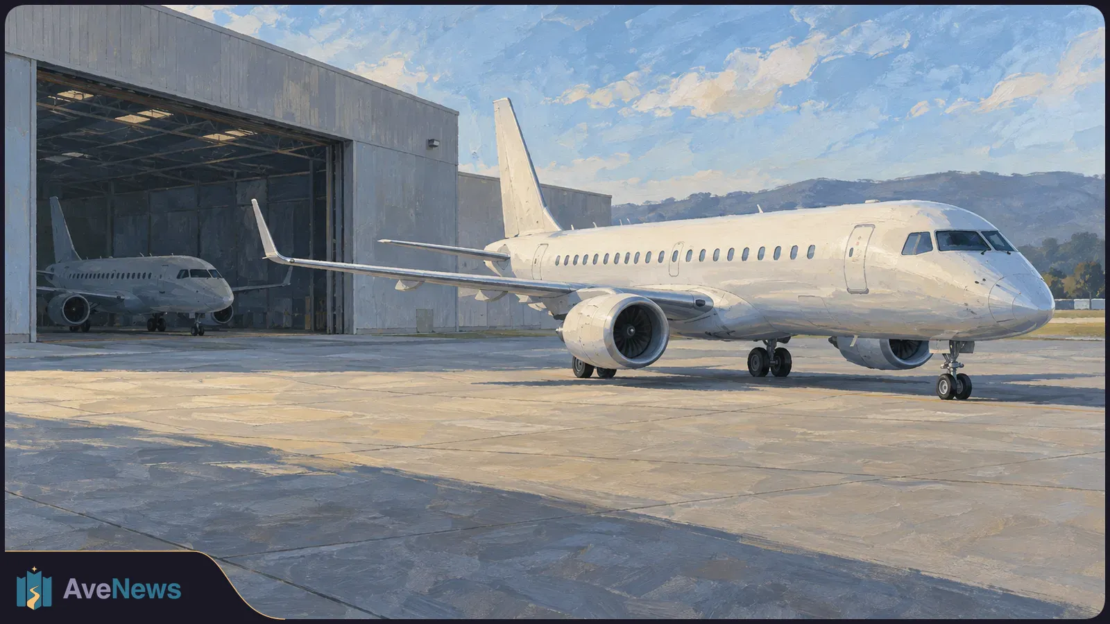 A painted scene of a white passenger jet on an apron outside a hangar, with a second jet inside and mountains beyond. SI illustration