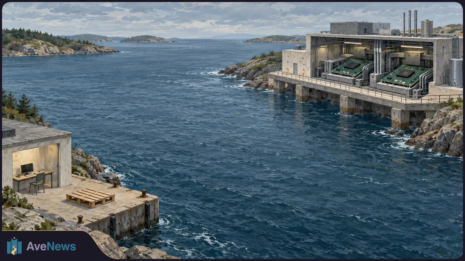 Painted coastal scene with a desk and blank monitor on one pier, facing a large waterside building filled with green circuit-board units across the water. SI illustration