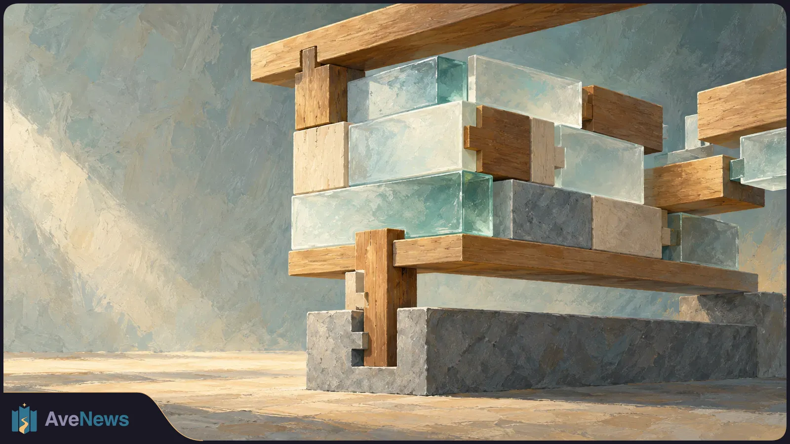 Painterly illustration of translucent glass, wood and stone blocks fitted together in a layered structure, lit from the left against a blue-gray wall. SI illustration