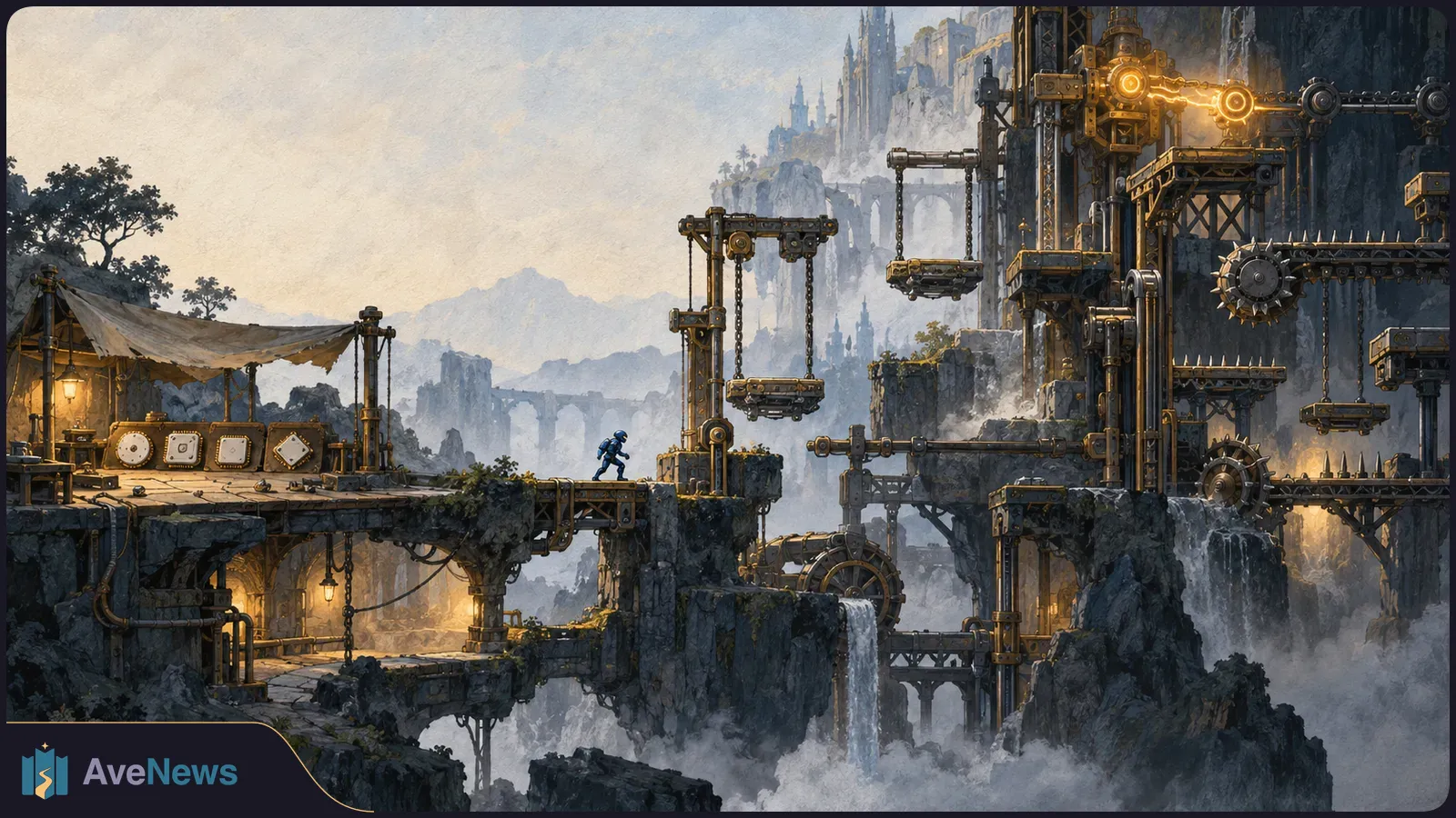 A small blue armored figure runs across a rocky platform amid gears, hanging platforms and waterfalls, with misty castle towers in the distance. SI illustration