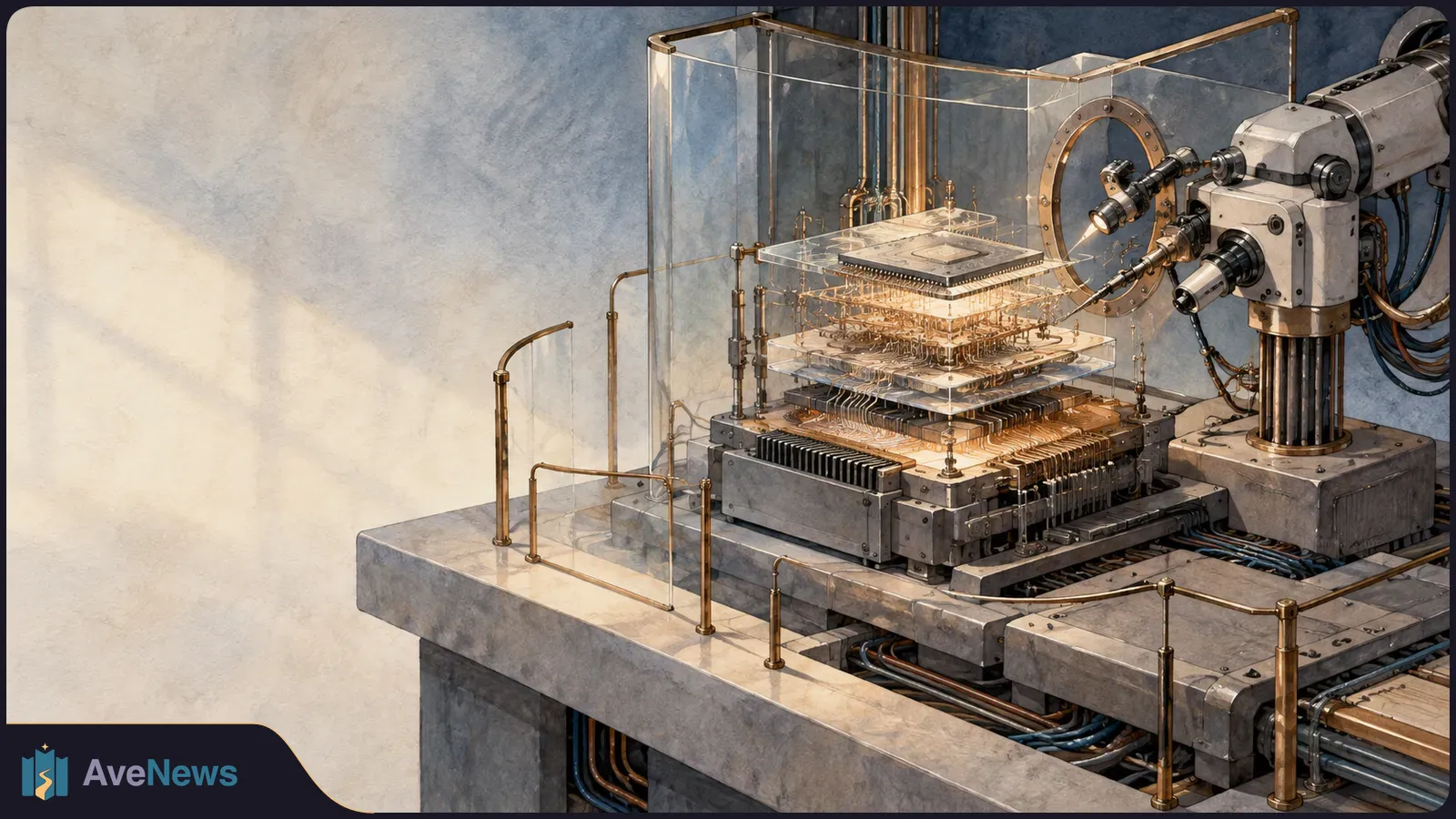Illustration of a layered computer chip glowing inside a glass enclosure, with robotic probes aimed at it and cables running beneath the platform. SI illustration