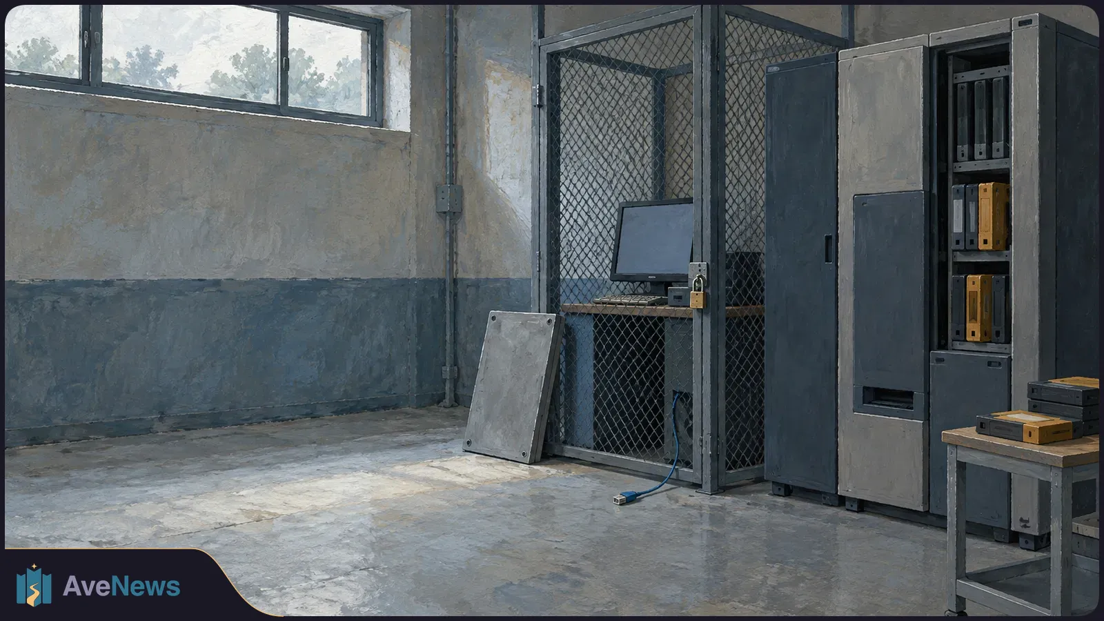 Painted equipment room with a locked mesh cage around a blank monitor, cabinets of storage cartridges, and an unplugged blue cable on the floor. SI illustration