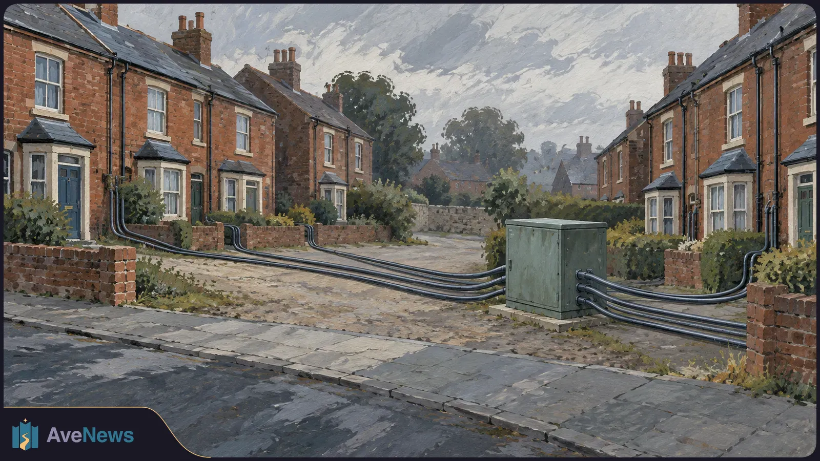 Painterly view of red-brick houses on both sides of a street, with black cables running from several homes to a green utility cabinet in the foreground. SI illustration