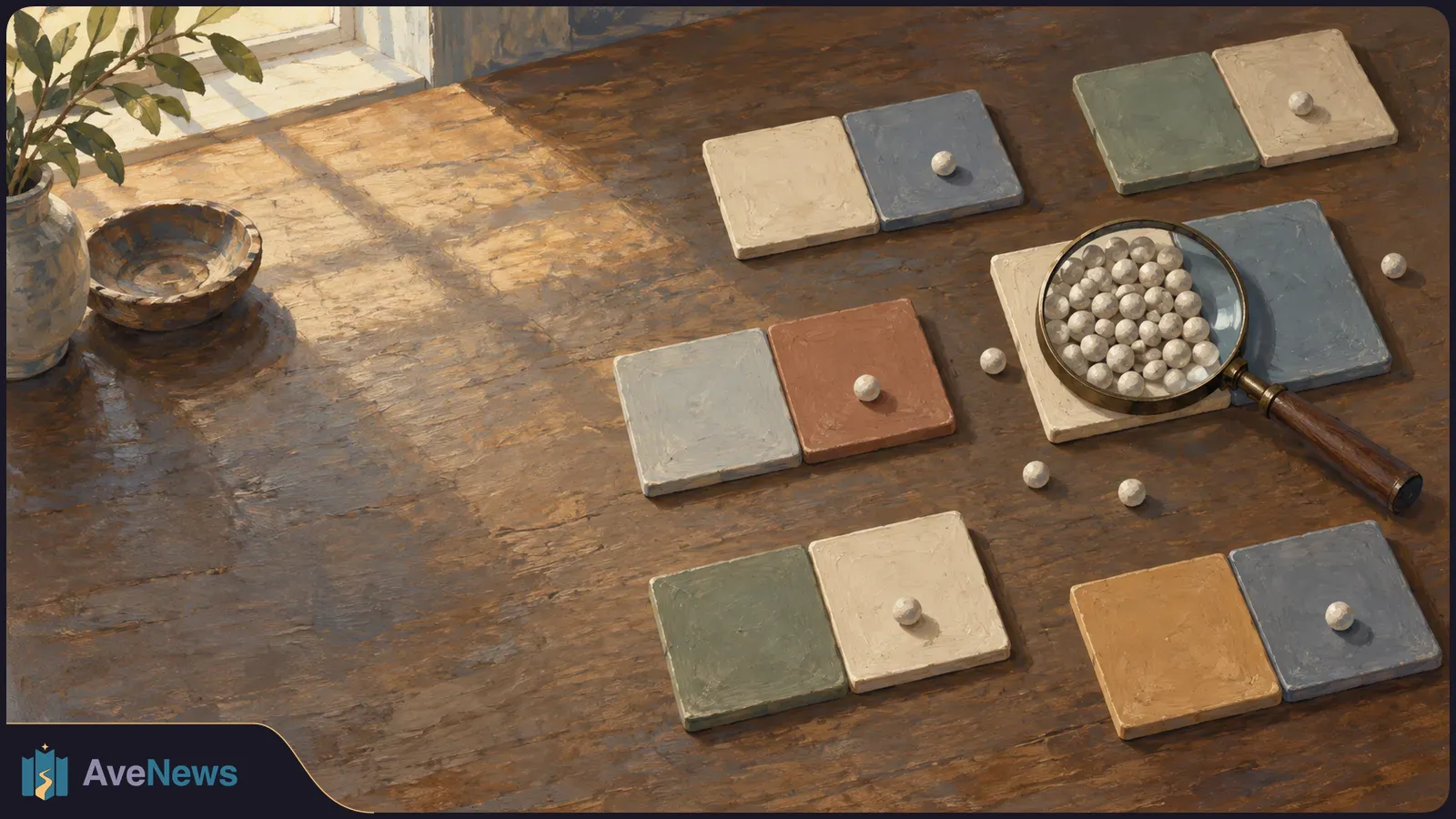 Painted overhead view of paired colored tiles on a wooden table, with scattered pale balls and a magnifying glass over a dense cluster of them. SI illustration
