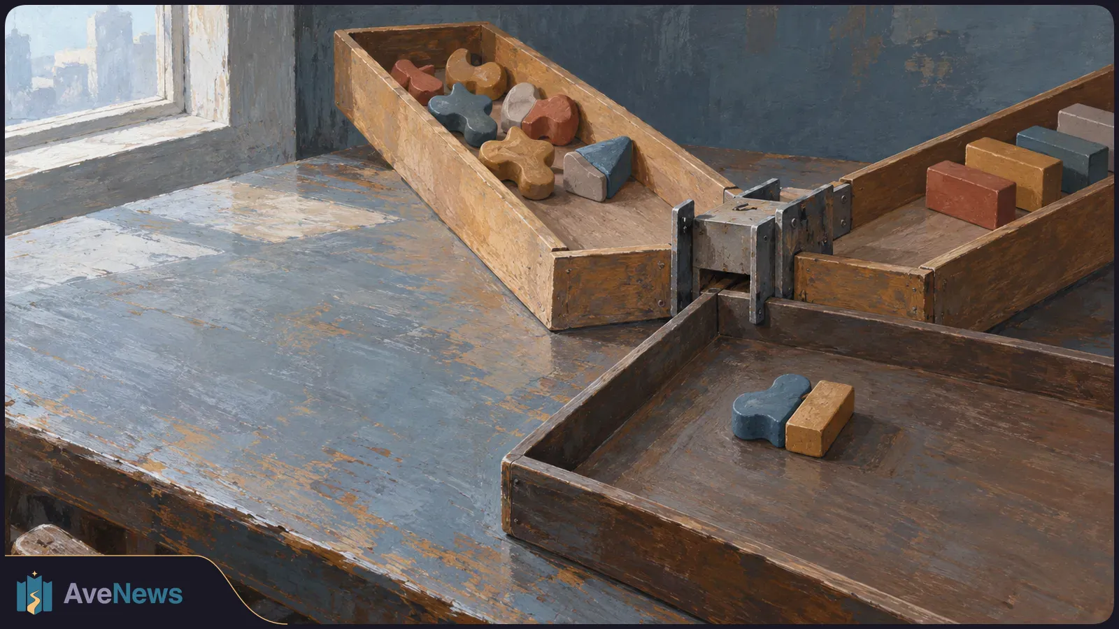 A painted scene of two wooden trays meeting at a metal junction. One holds colorful abstract shapes, the other rectangular blocks; a third tray holds just two pieces. SI illustration
