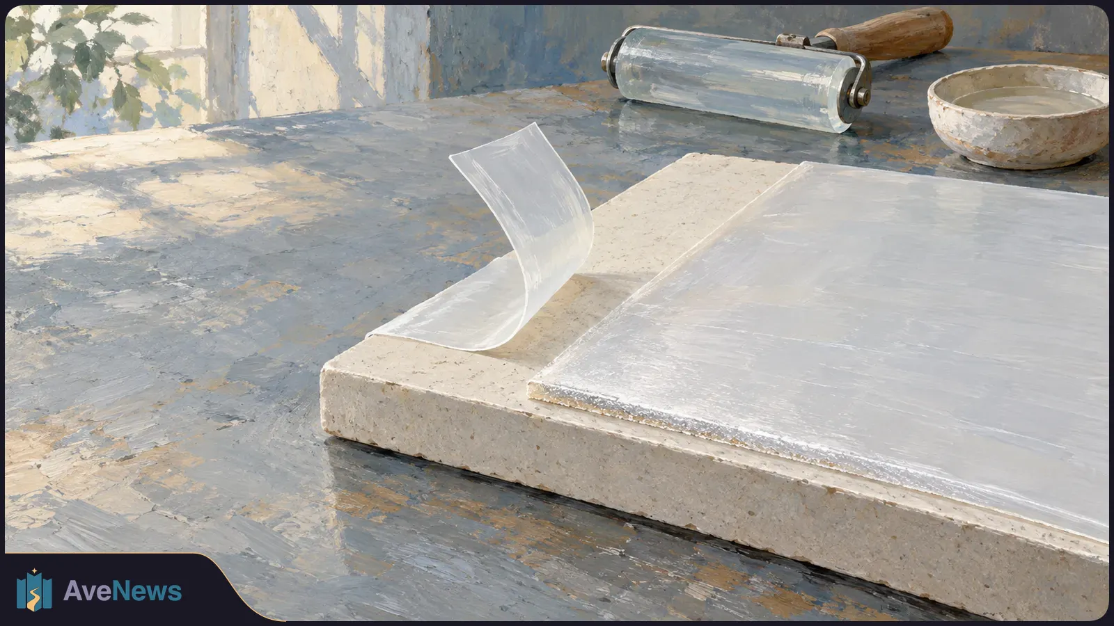 A translucent film curls up from a pale slab beside a larger sheet on a worktable. A hand roller and shallow bowl sit behind them. SI illustration