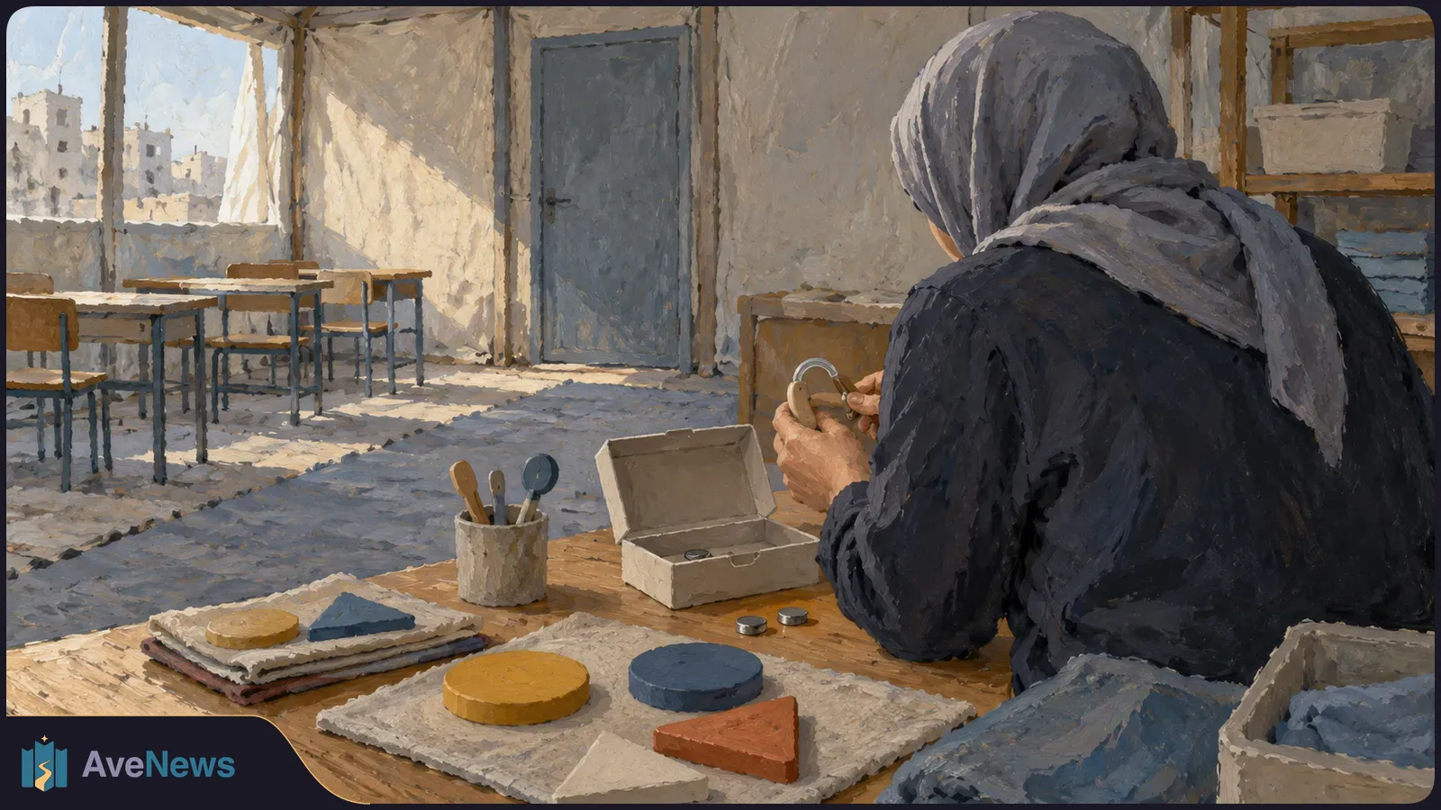 A person in a headscarf holds a small device at a table with colorful geometric shapes and an open box. Empty desks and a window are behind them. SI illustration