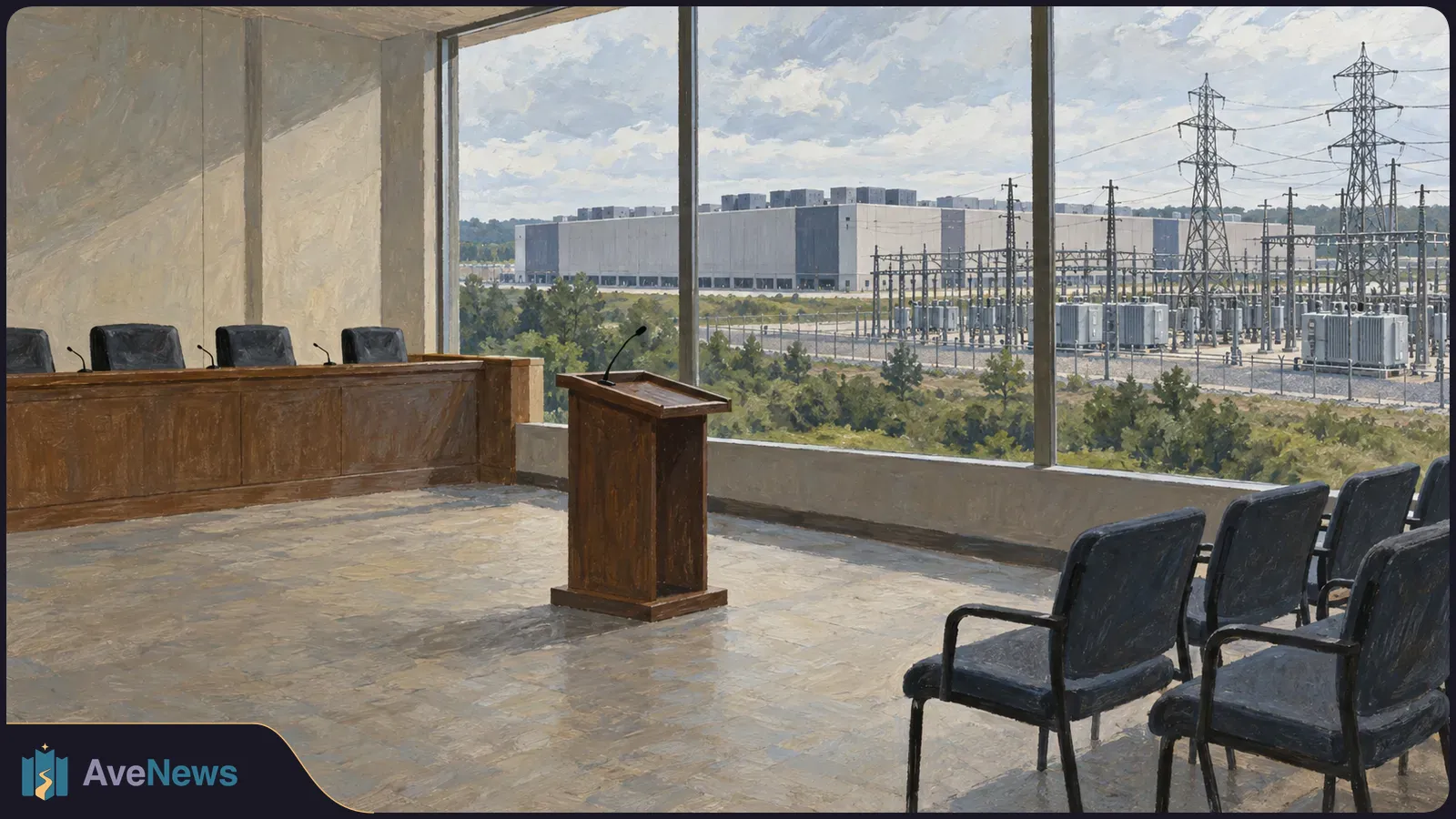Painted view of an empty hearing room with a podium and chairs; through large windows are a data-center building, electrical substation and power lines. SI illustration