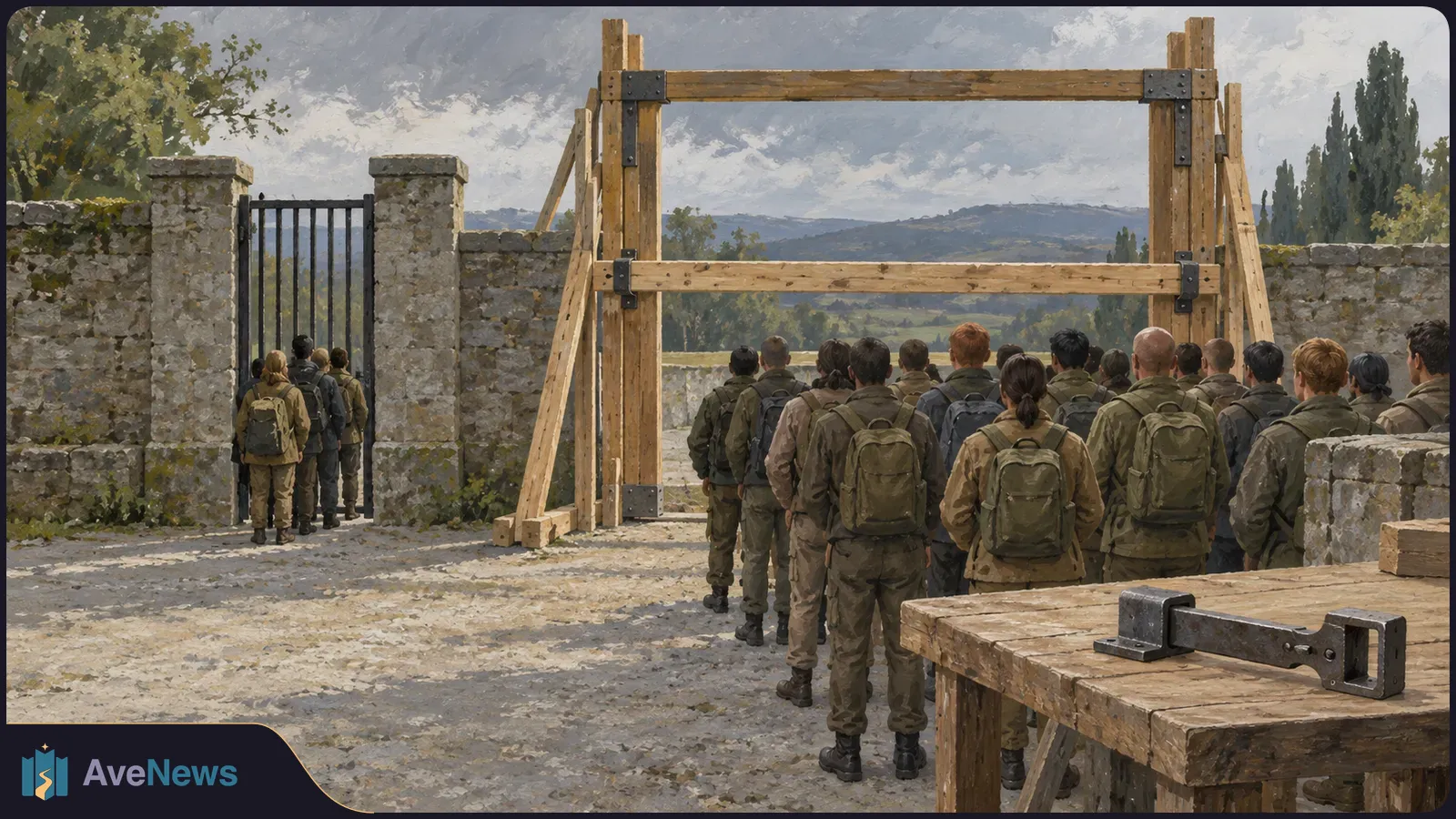 Painted scene of backpacked uniformed people near a stone wall and iron gate, with a large wooden frame and metal hardware on a table in the foreground. SI illustration