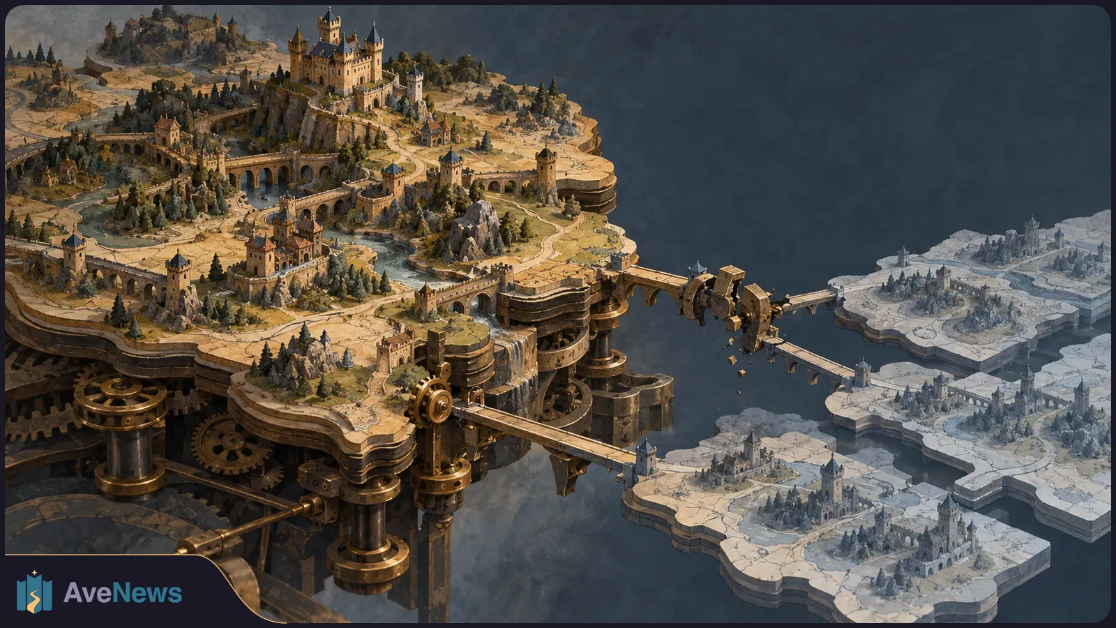 A painted fantasy landscape on gears: a castle-filled landmass at left has broken bridges leading toward smaller gray castle islands at right. SI illustration