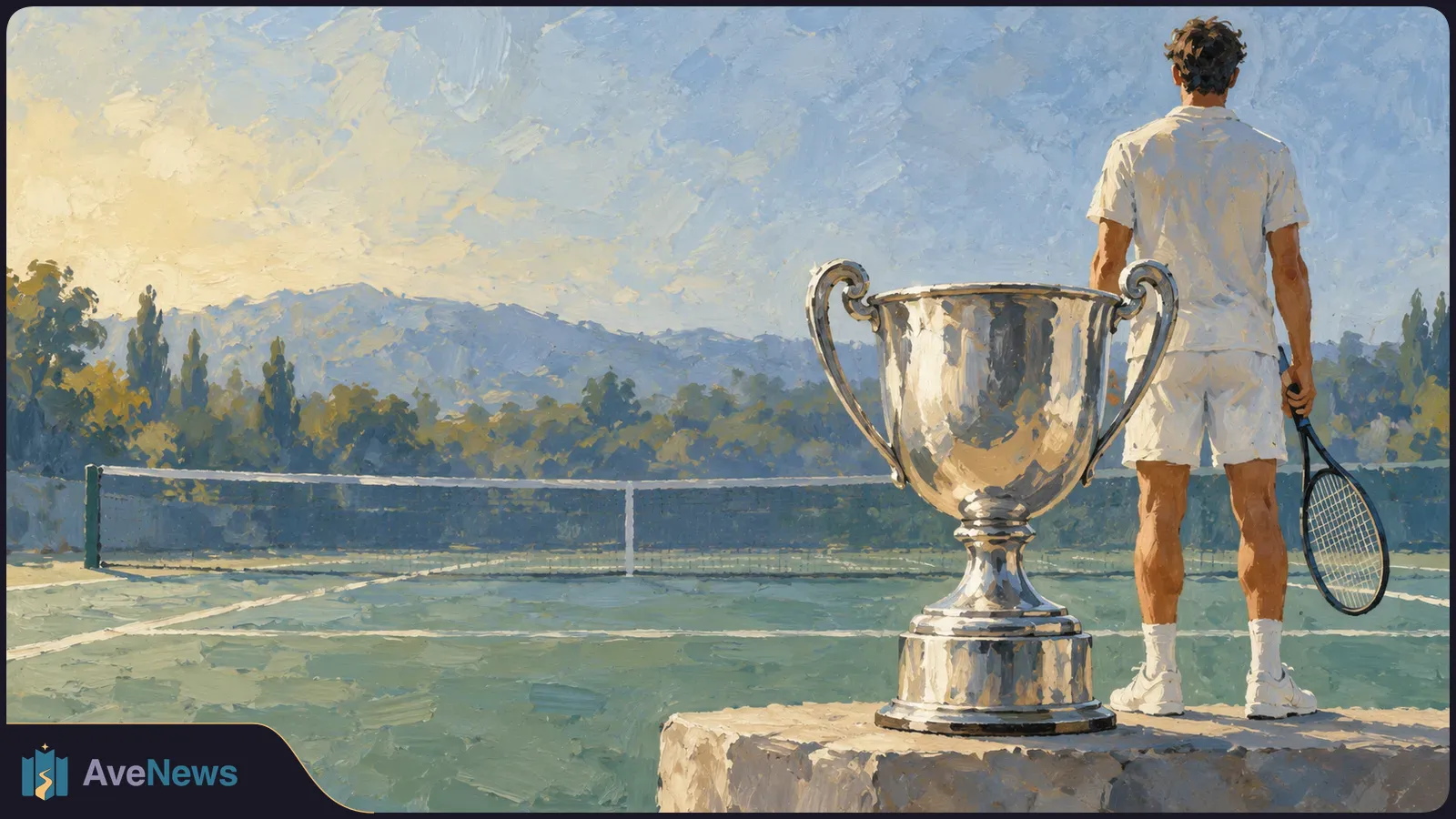 Painted tennis court with a net, a large silver trophy in the foreground, and a player in white seen from behind holding a racket. SI illustration