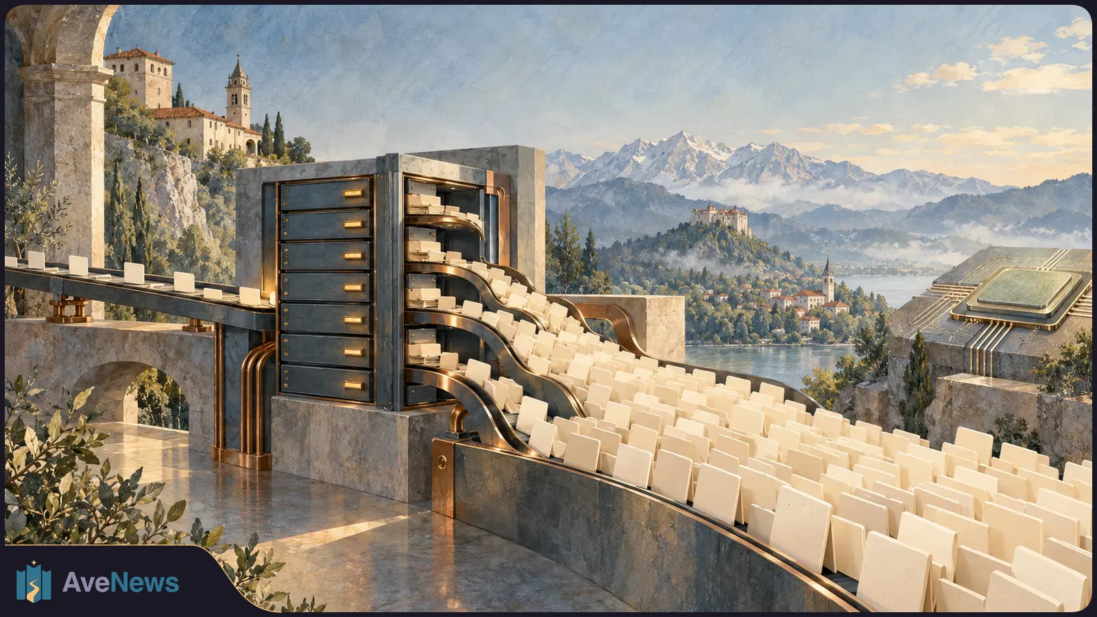 A server cabinet sends streams of blank ivory tiles across a stone terrace. A large microchip sits to the right, with a lakeside town and snowy mountains behind. SI illustration