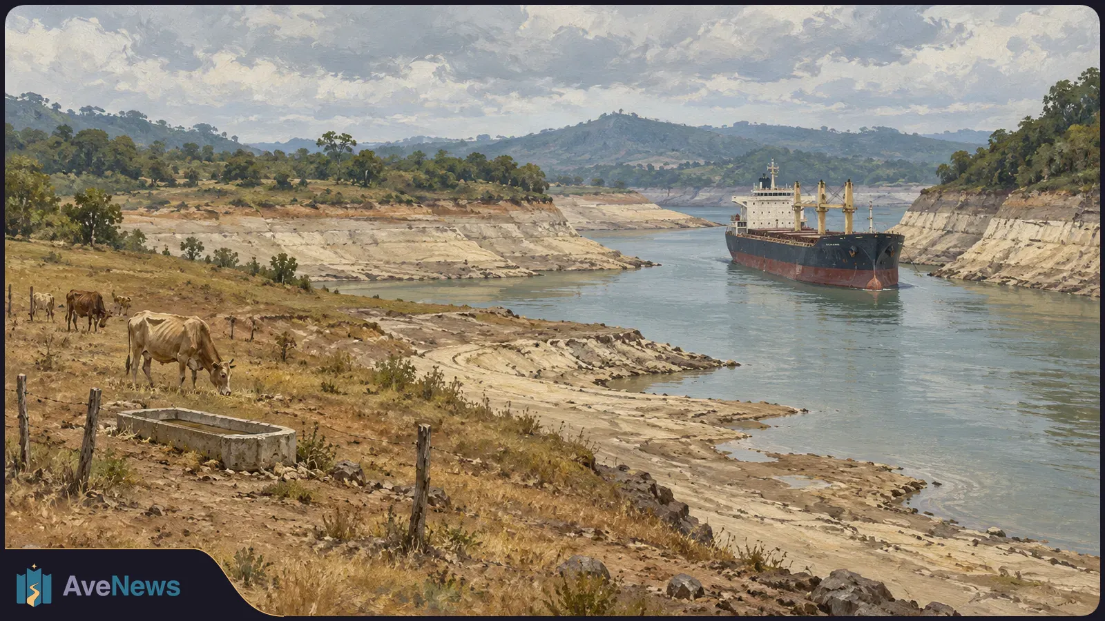 Painted scene of cows grazing beside a narrow waterway with exposed, pale banks as a cargo ship passes under a cloudy sky. SI illustration
