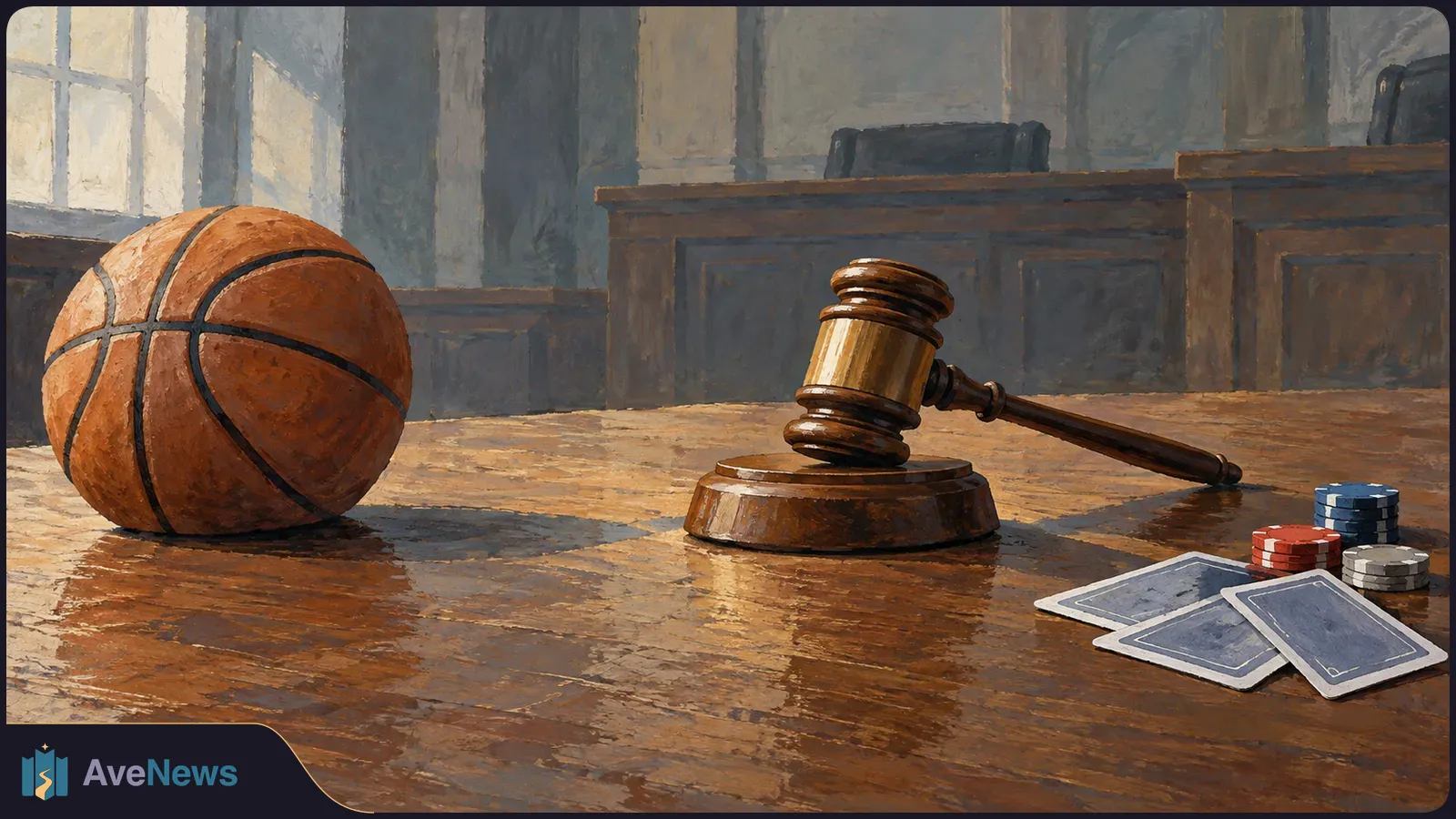 Painted illustration of a basketball, a judge’s gavel, playing cards and poker chips on a wooden table, with courtroom benches behind them. SI illustration