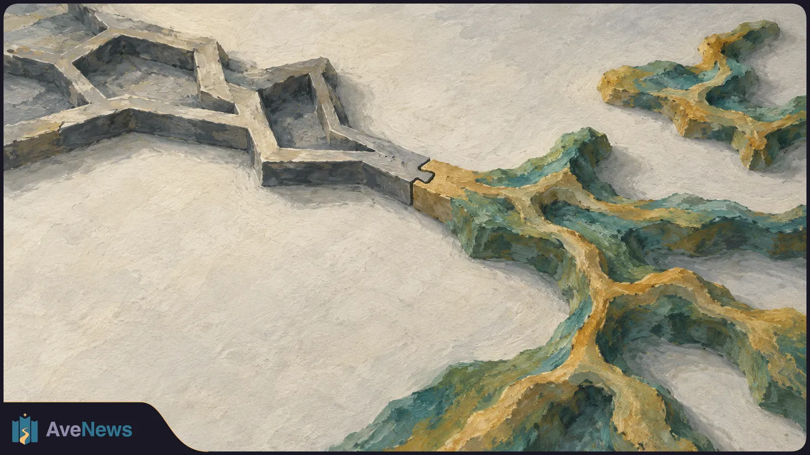 A painted gray grid interlocks with a branching green-and-gold form. A smaller matching piece sits apart at the upper right. SI illustration