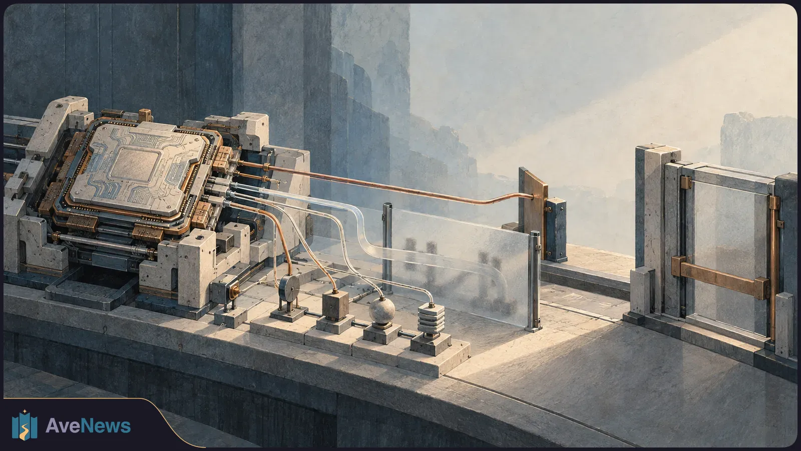 A large circuit chip on a concrete platform connects by copper and translucent cables to small fixtures beside a glass barrier and closed metal gate. SI illustration