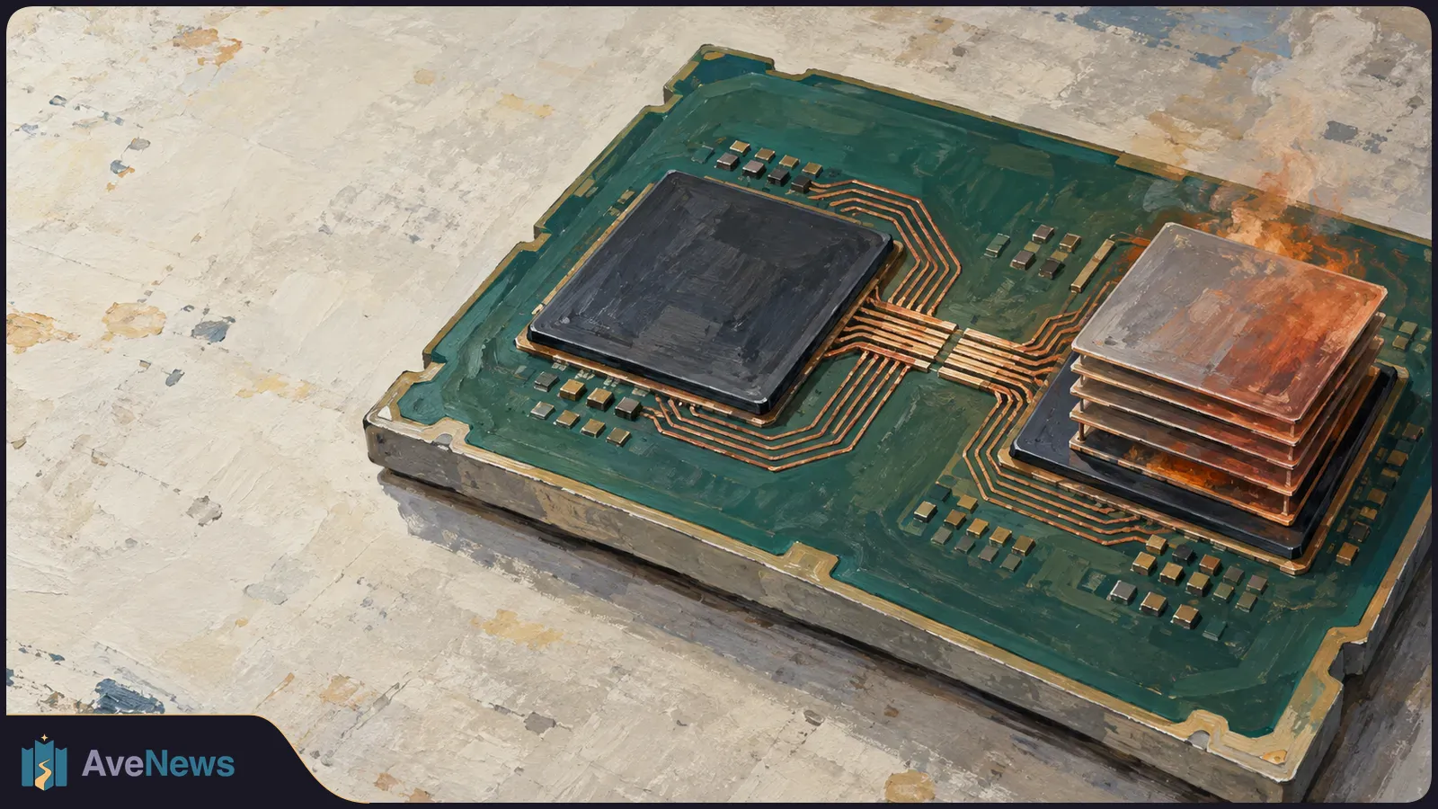 Painterly illustration of two square chips linked by copper traces on a green processor board; layered plates rise from the chip on the right. SI illustration