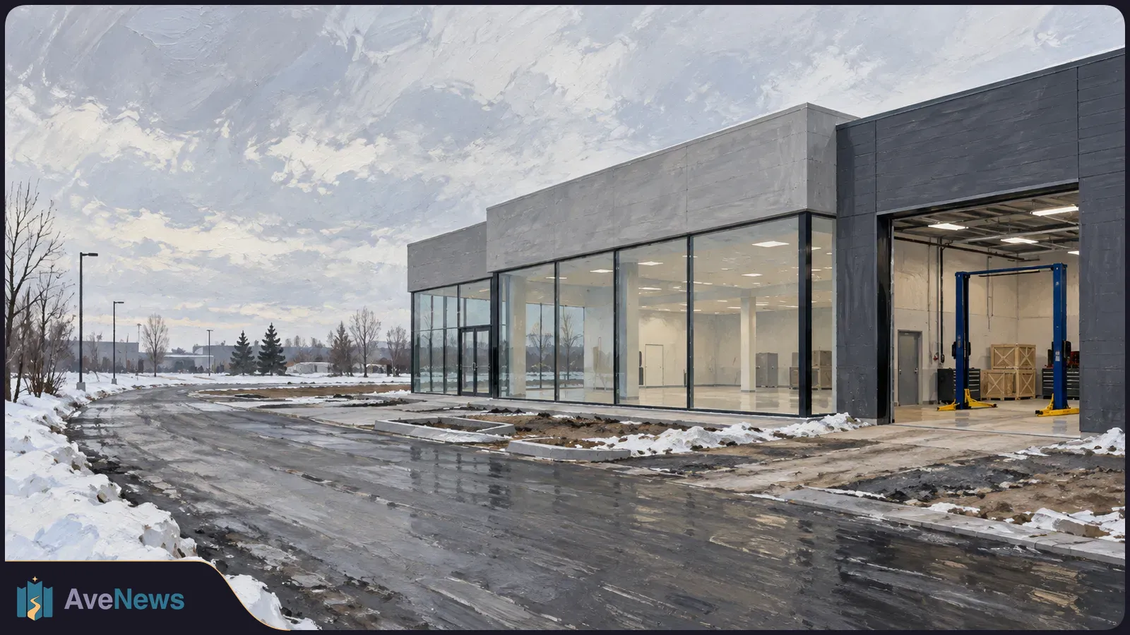 A painted winter scene shows a glass-fronted showroom beside an open vehicle service bay, with a wet road and snowbanks in front. SI illustration