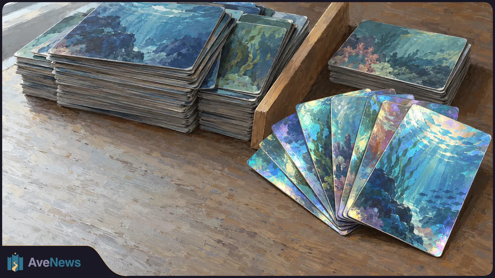 Several stacks of cards illustrated with blue-green underwater scenes sit on a wooden table, with more cards fanned out at right. SI illustration
