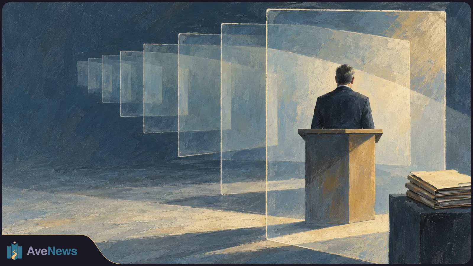 Painterly illustration of a man seen from behind at a lectern, with translucent panels receding into a dark room and a stack of folders at right. SI illustration