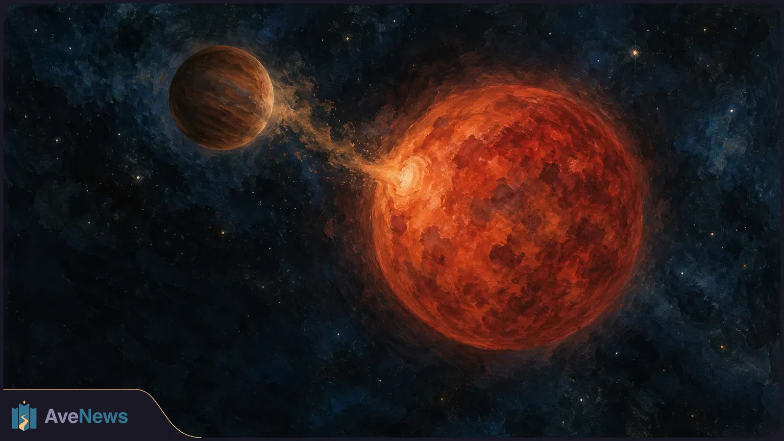 Painted space scene with a small brown sphere beside a large red star. A glowing stream meets a bright spot on the star against a dark, star-speckled background. SI illustration