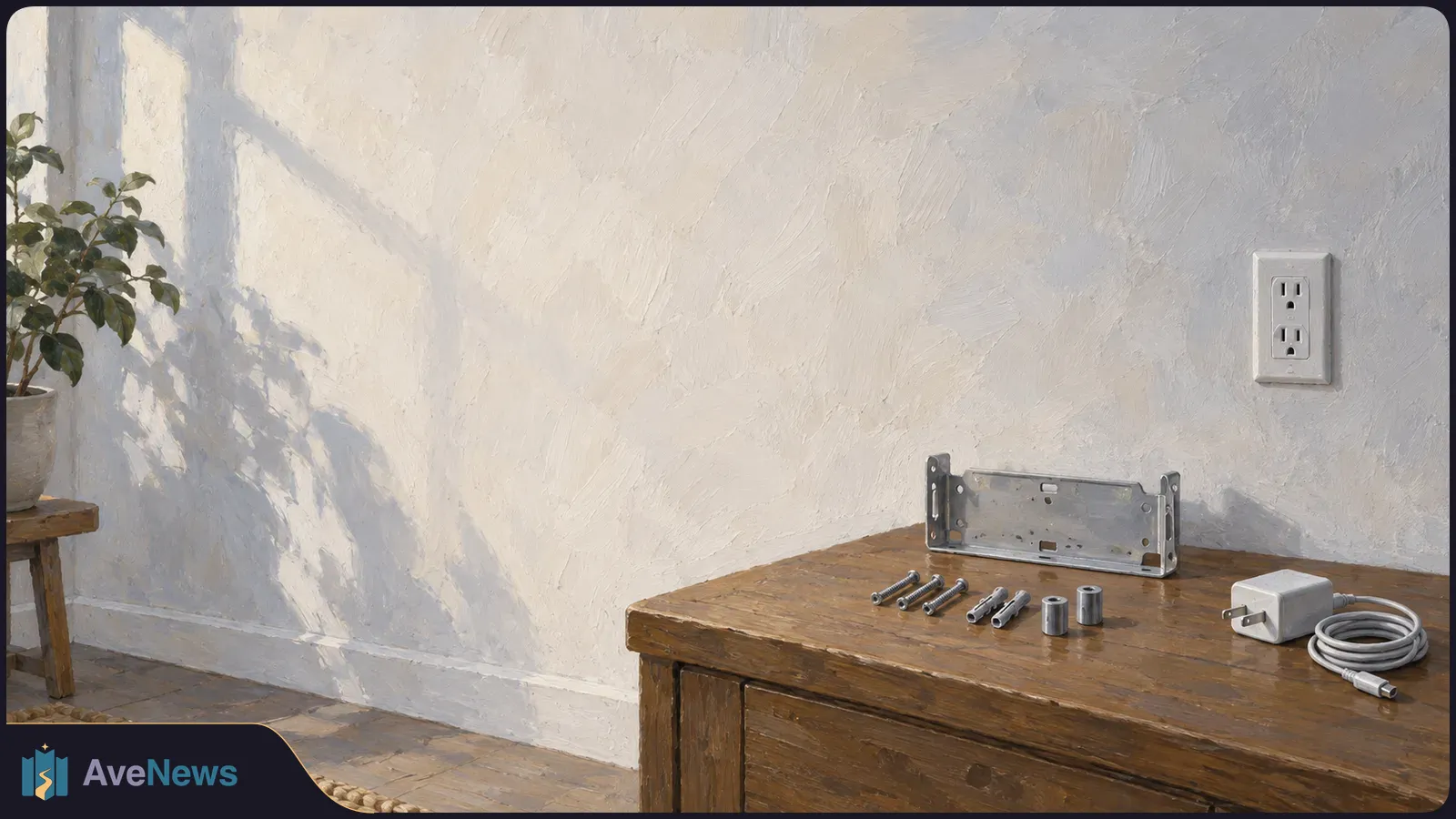 A painted room corner with a wall outlet above a wooden table holding a metal mounting bracket, screws, anchors, a power adapter and a coiled cable. SI illustration