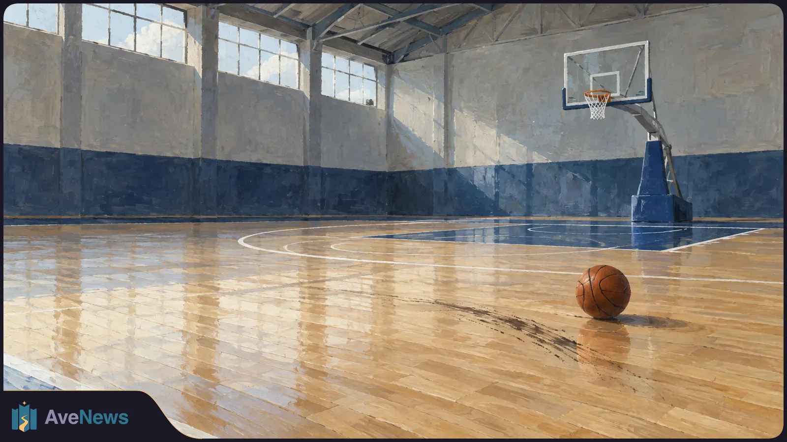 A basketball rests on the polished floor of an empty indoor court, with a hoop, blue walls and high windows in the background. SI illustration