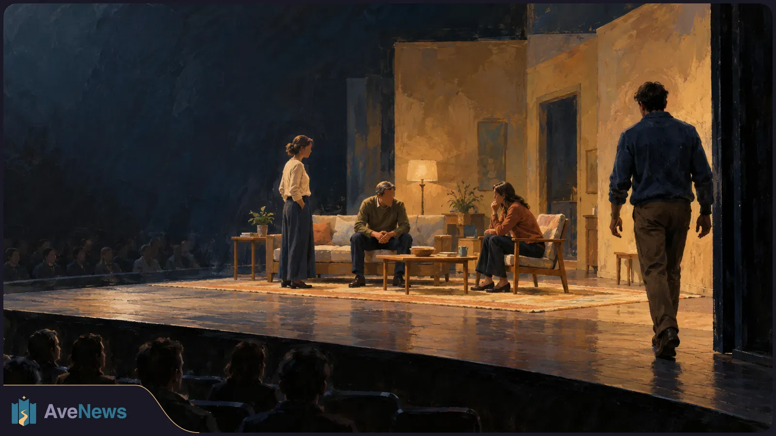 Painterly view of a theater stage set as a living room, with three people near a sofa and chair, another entering from the right, and an audience in the foreground. SI illustration