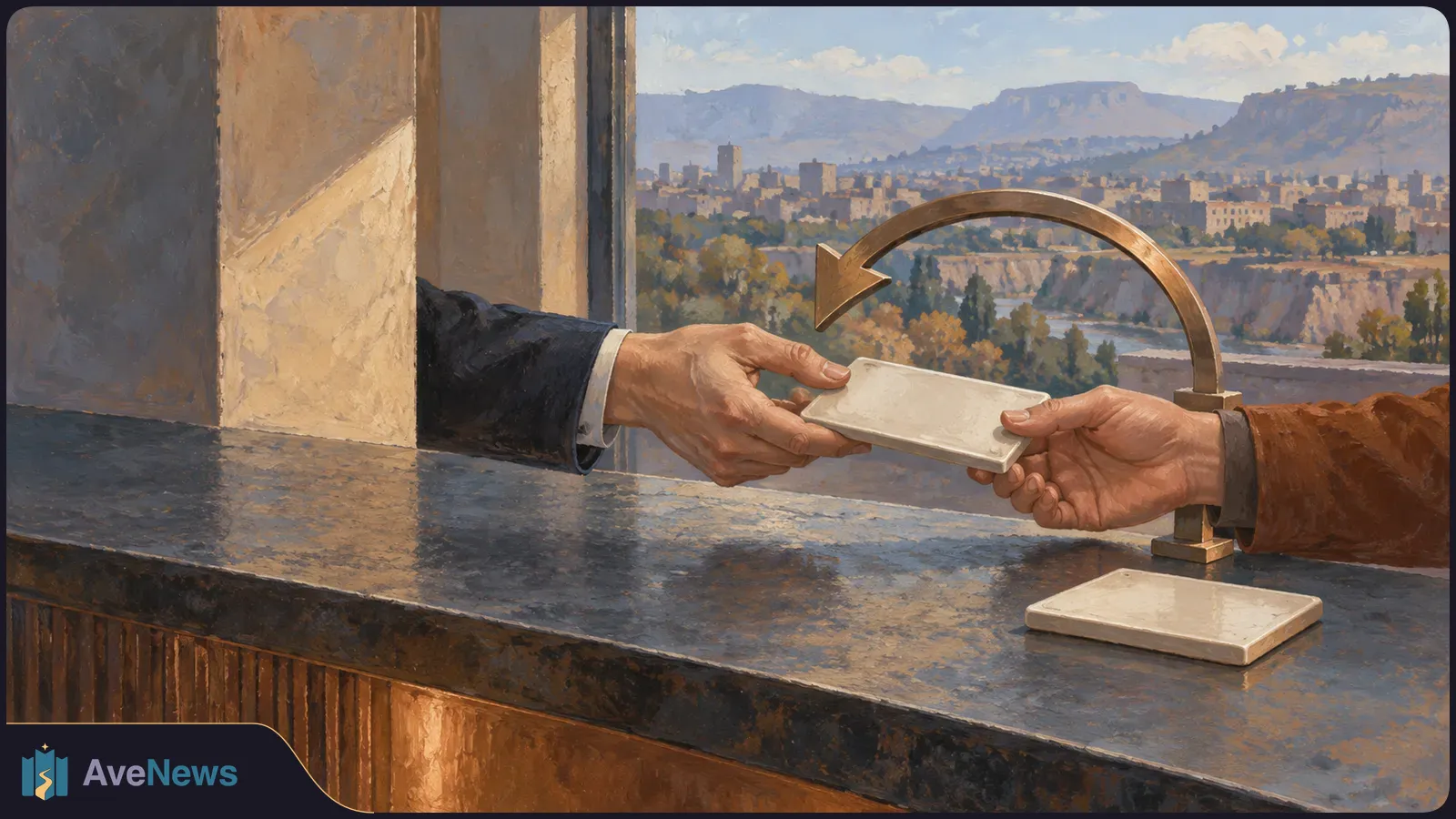 Painted hands pass a blank rectangular tile across a counter beneath a curved return arrow, with a city and mountains in the distance. SI illustration