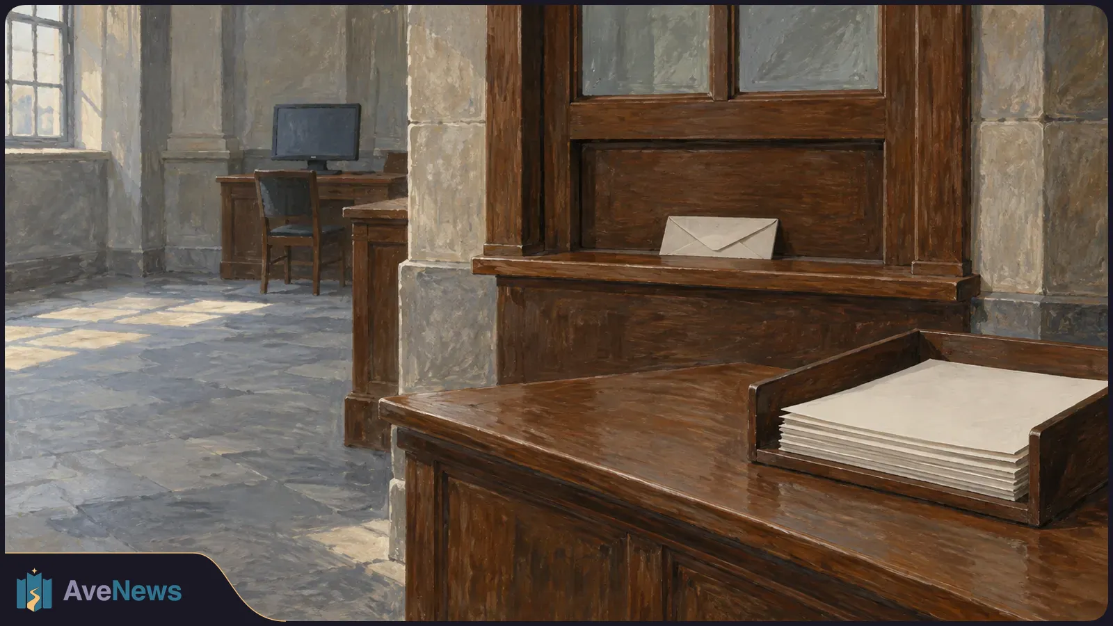 Painted interior with a stack of blank papers in a wooden tray, an envelope on a ledge, and an empty desk with a dark monitor in the background. SI illustration