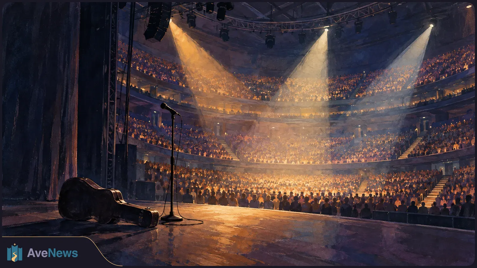 An empty stage with a microphone and guitar case overlooks a packed, multi-tiered concert arena under warm spotlights. SI illustration