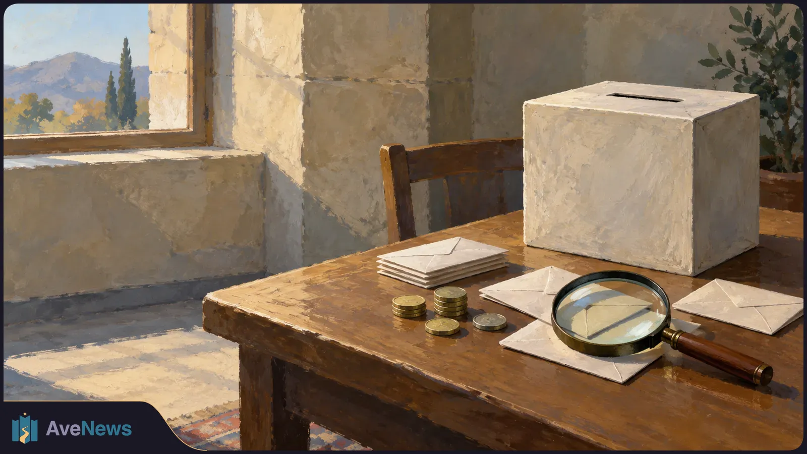 Painted scene of a ballot box, envelopes, coins and a magnifying glass on a wooden table beside a sunlit window. SI illustration