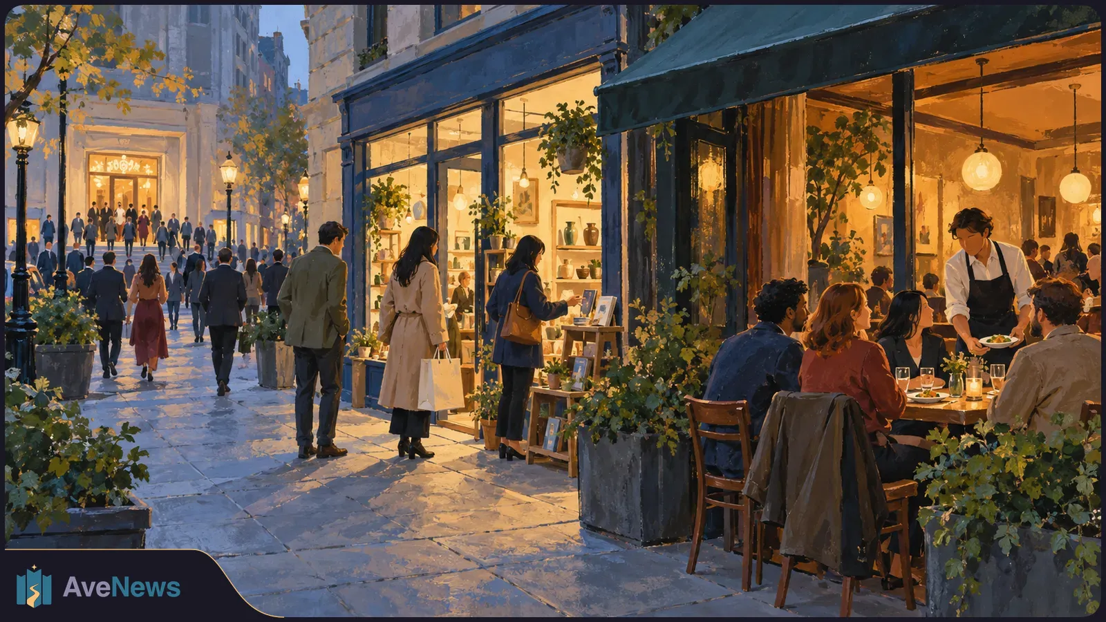 Painterly evening street scene with pedestrians passing lit shop windows and diners seated outside a warmly lit restaurant. SI illustration