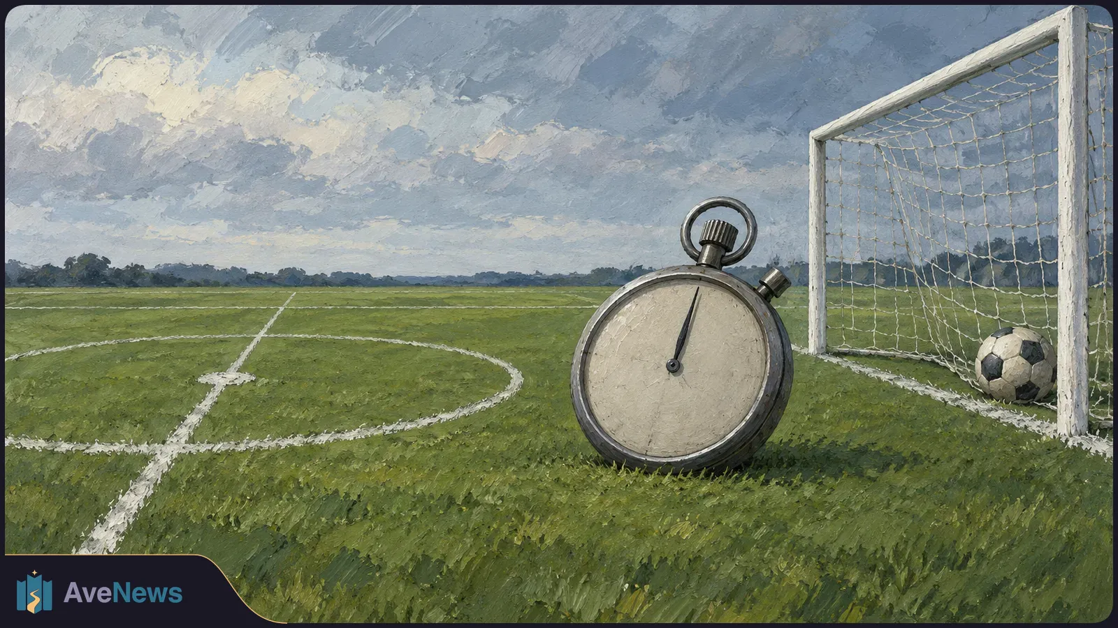 Painted football pitch under a cloudy sky, with a large stopwatch in the foreground and a ball resting inside the goal. SI illustration