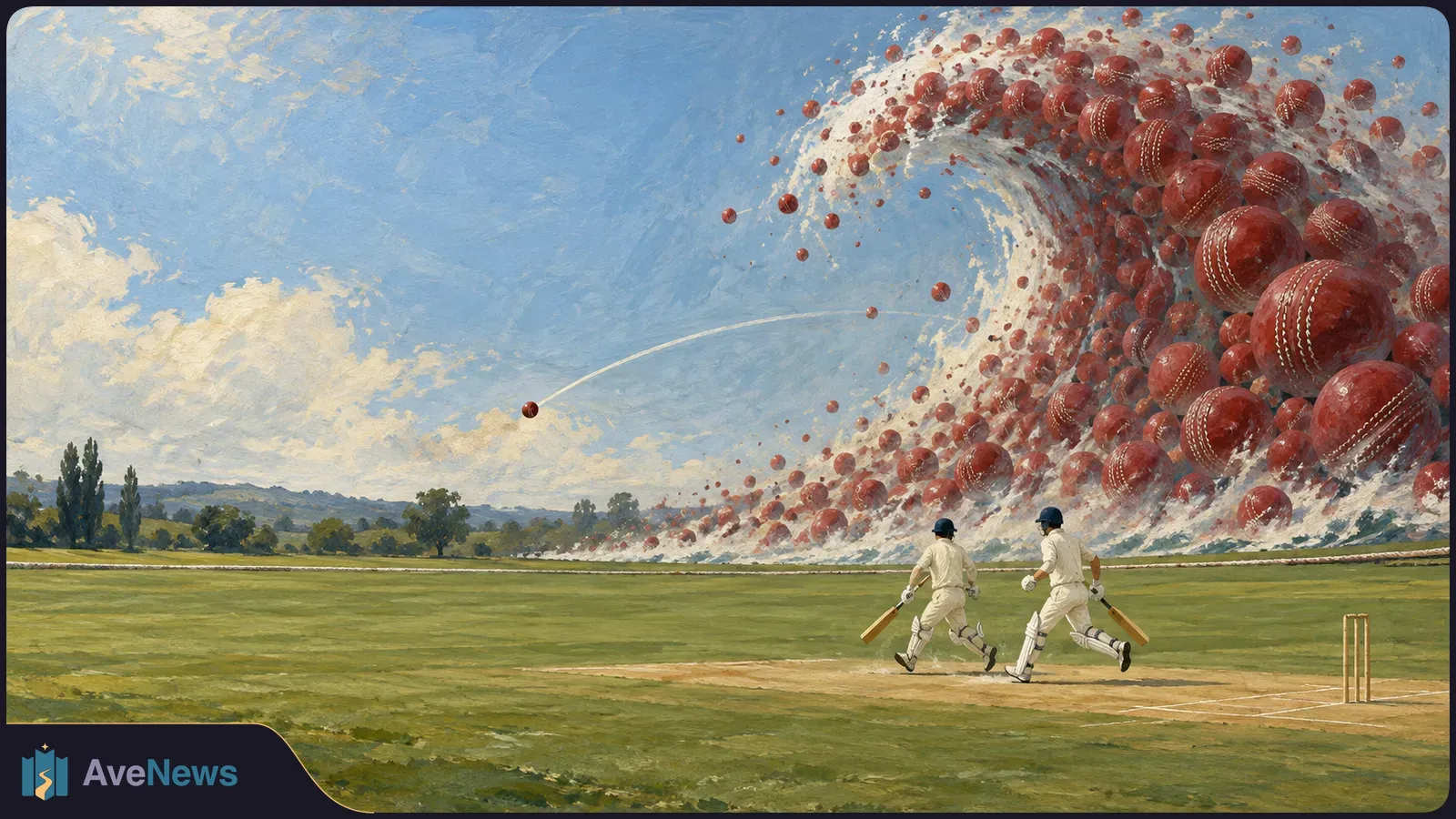 A painting of two cricket batters running between wickets as a towering wave of red cricket balls curls over the field. SI illustration