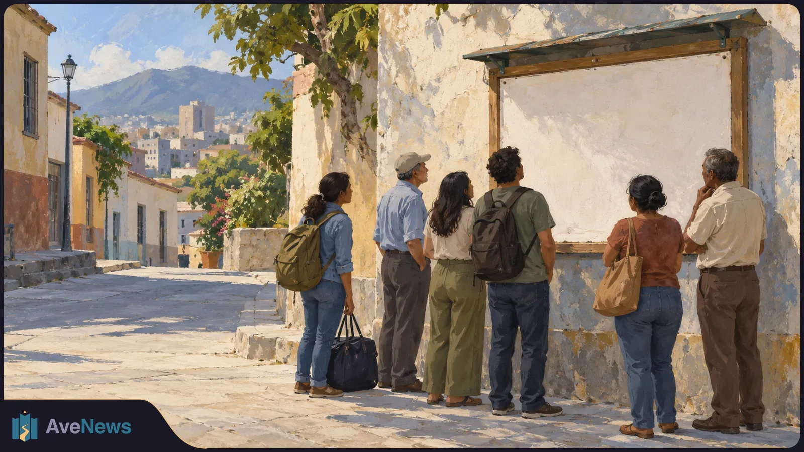 Illustration of six people facing a blank framed board on a sunlit street, with buildings and mountains in the background. SI illustration