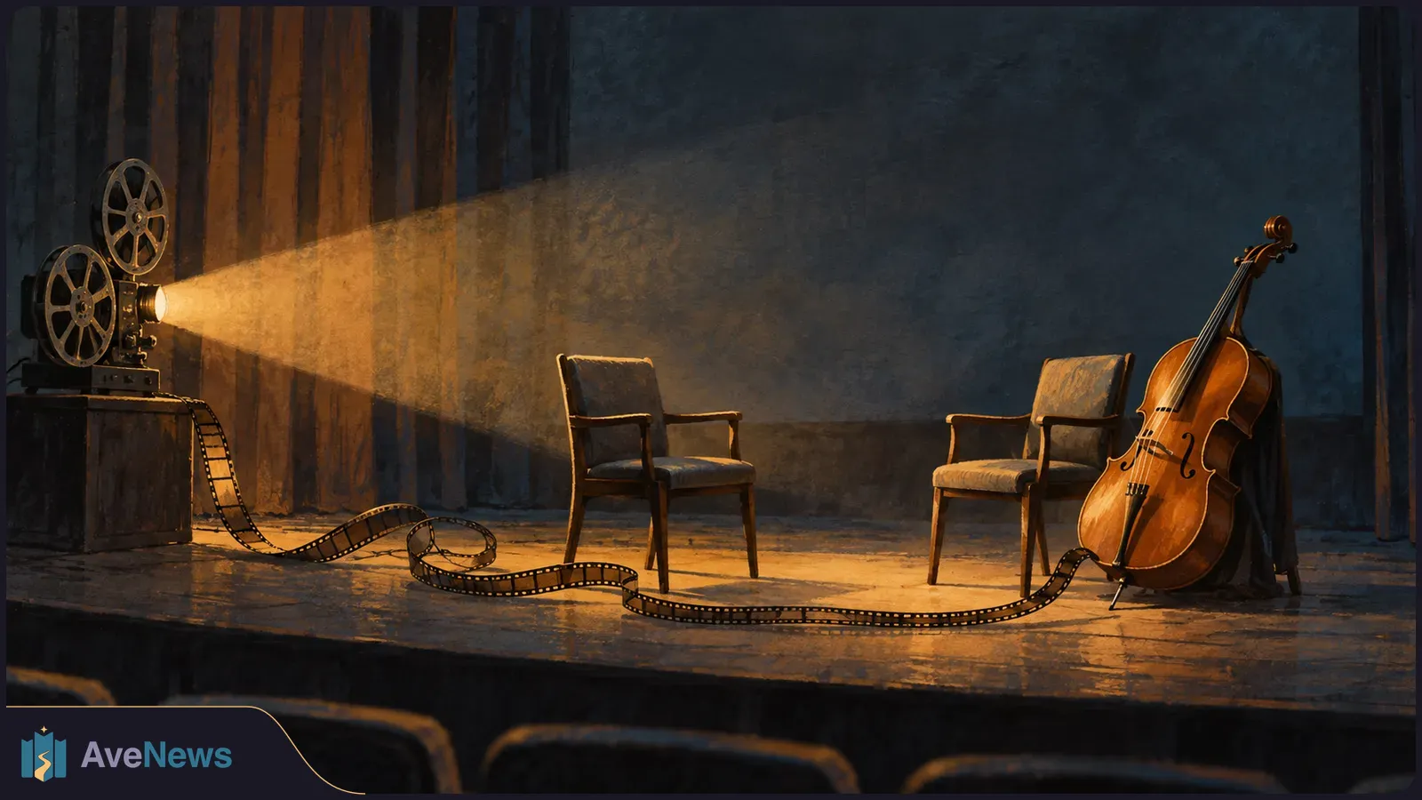A film projector casts a warm beam across a dim stage with two empty chairs and a cello; a filmstrip curls along the floor. SI illustration