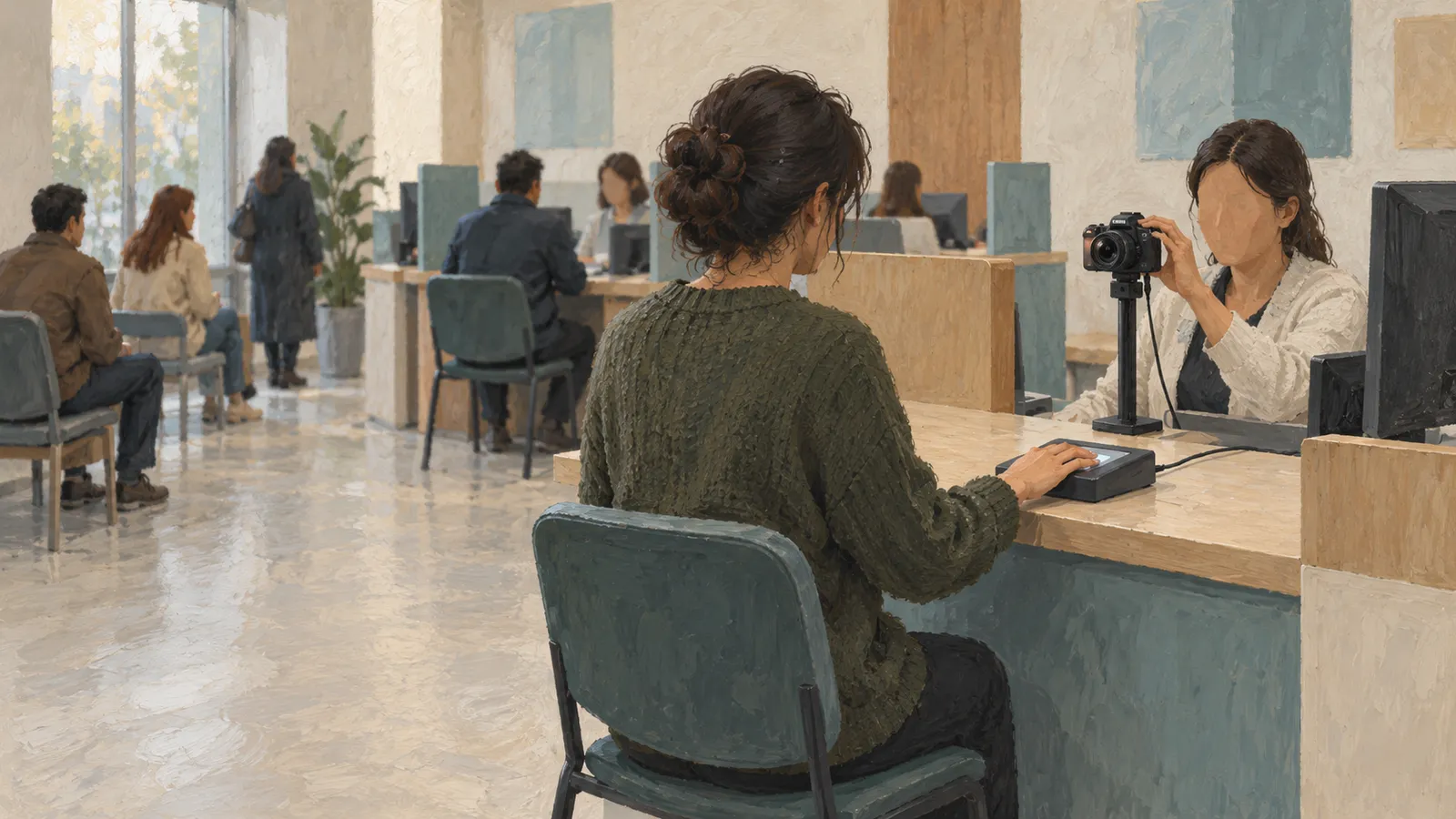 A seated woman rests her hand on a small scanner while a worker points a camera toward her across a service counter. Other people sit or stand in the background. SI illustration