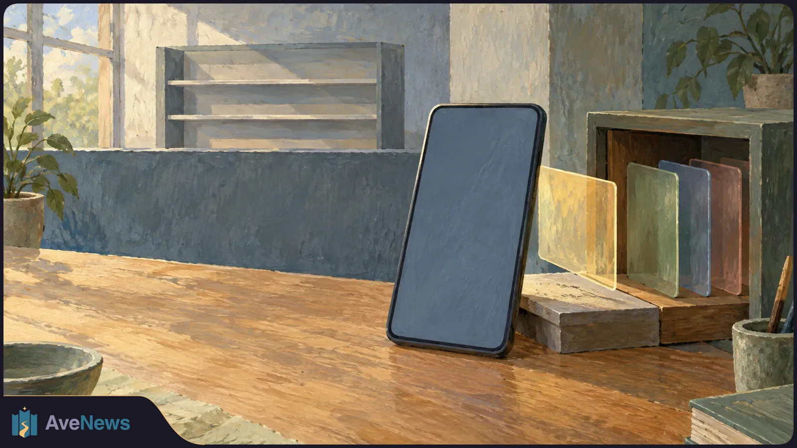 Painterly illustration of a blank smartphone on a wooden desk beside translucent colored panels and a shelf, with sunlight entering through a window. SI illustration