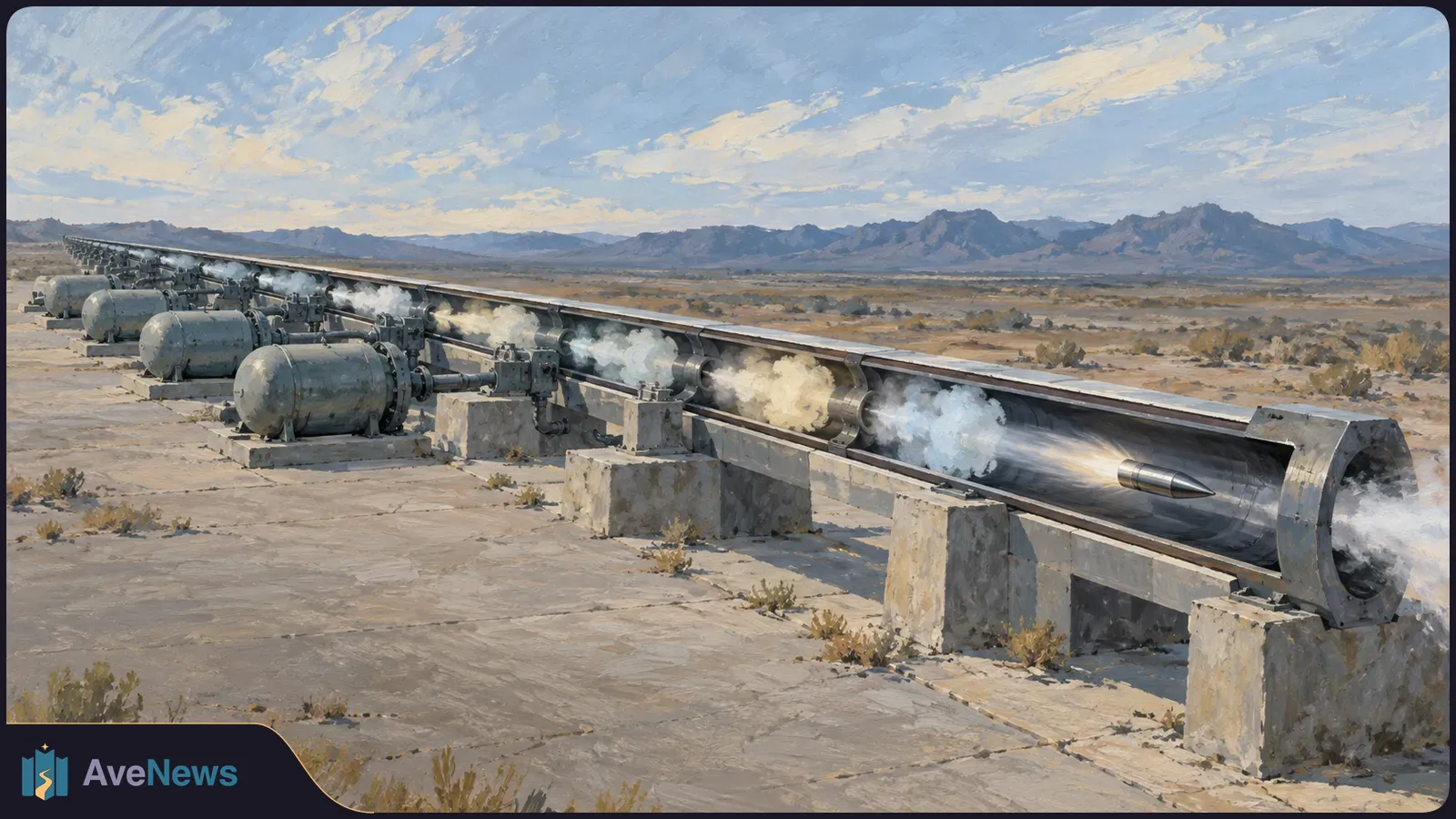 Painted view of a long metal launch barrel in a desert, with gas clouds around its chambers and a pointed projectile inside the open end. Mountains stretch across the background. SI illustration