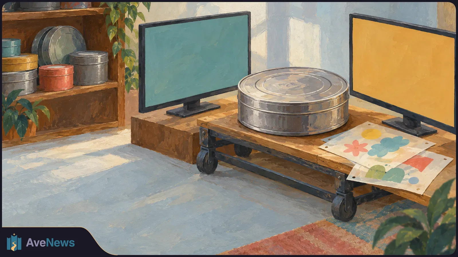 Painted scene of a film reel on a wheeled table between two blank monitors, with colorful drawings and film canisters nearby. SI illustration