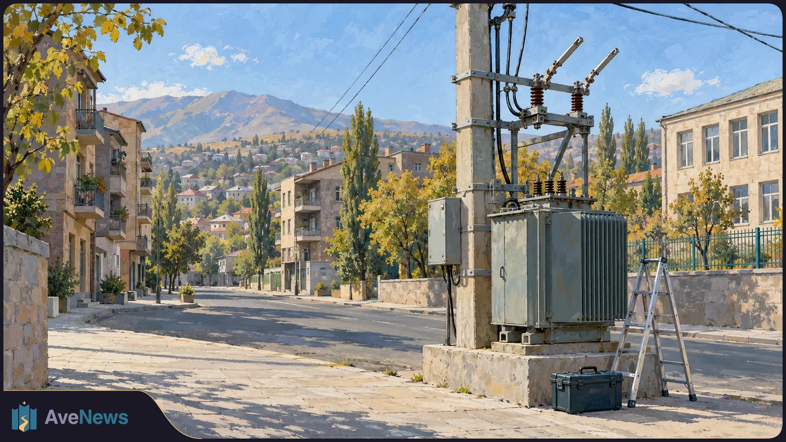 Painted street scene with a roadside electrical transformer, a ladder and a toolbox, with buildings and mountains in the background. SI illustration