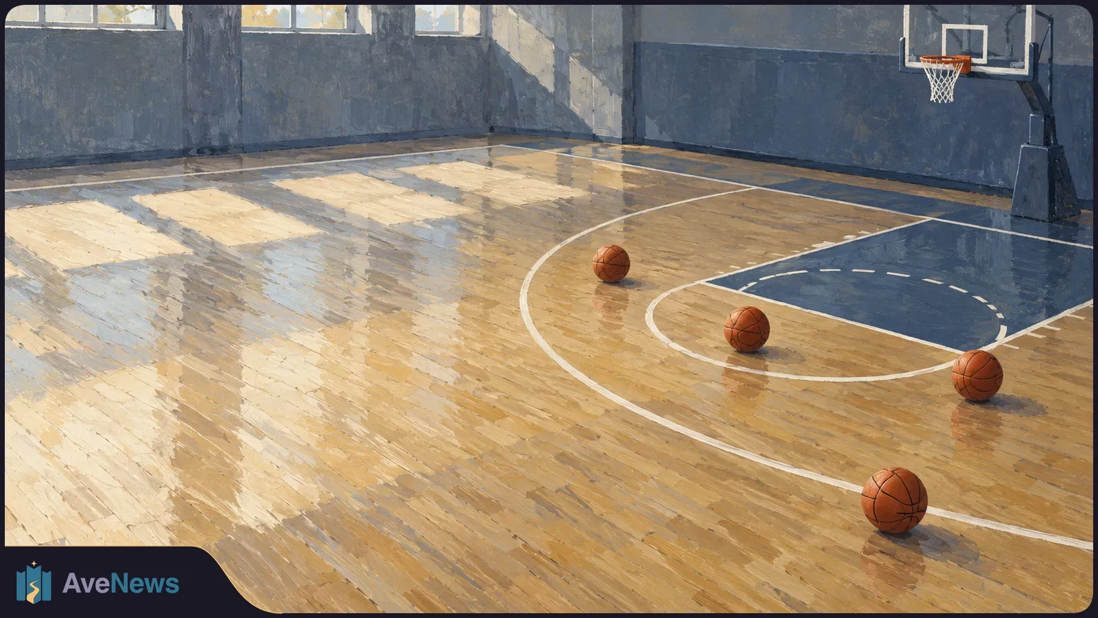 Painterly illustration of an empty indoor basketball court, with four basketballs spaced across the sunlit wooden floor and a hoop at upper right. SI illustration