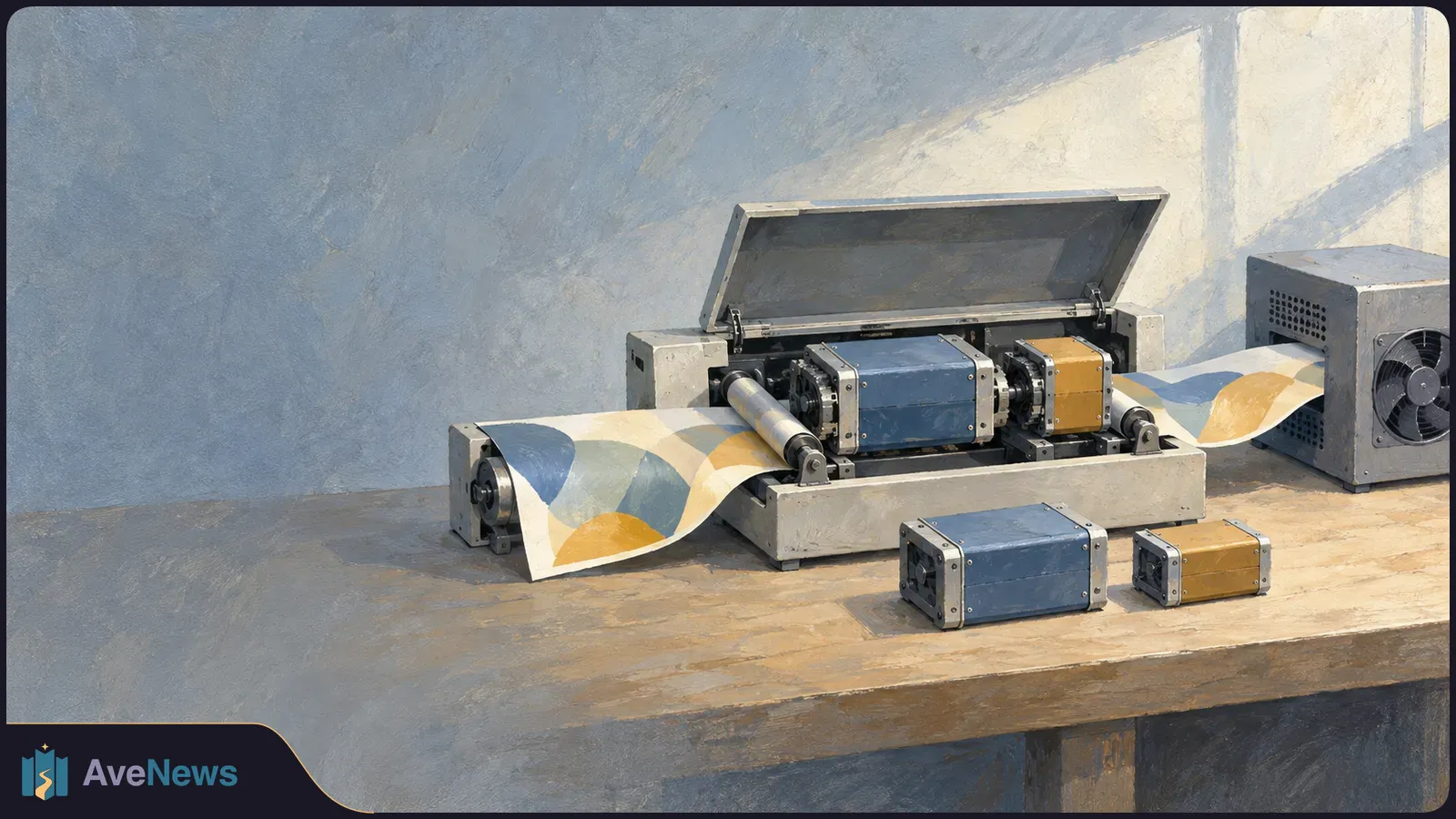 Painted illustration of a roller machine feeding a blue-and-yellow patterned sheet, with two metal modules on the table and a fan unit beside it. SI illustration