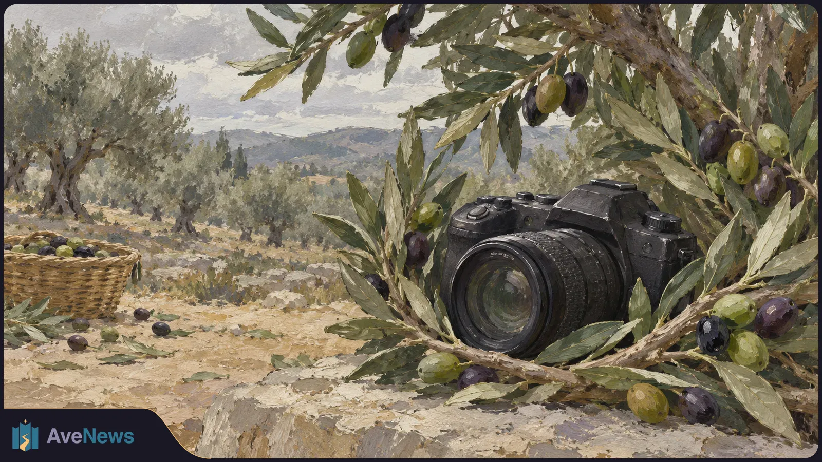 Painted scene of a black camera among olive branches and green and dark olives, with a basket of olives and a hillside grove in the background. SI illustration