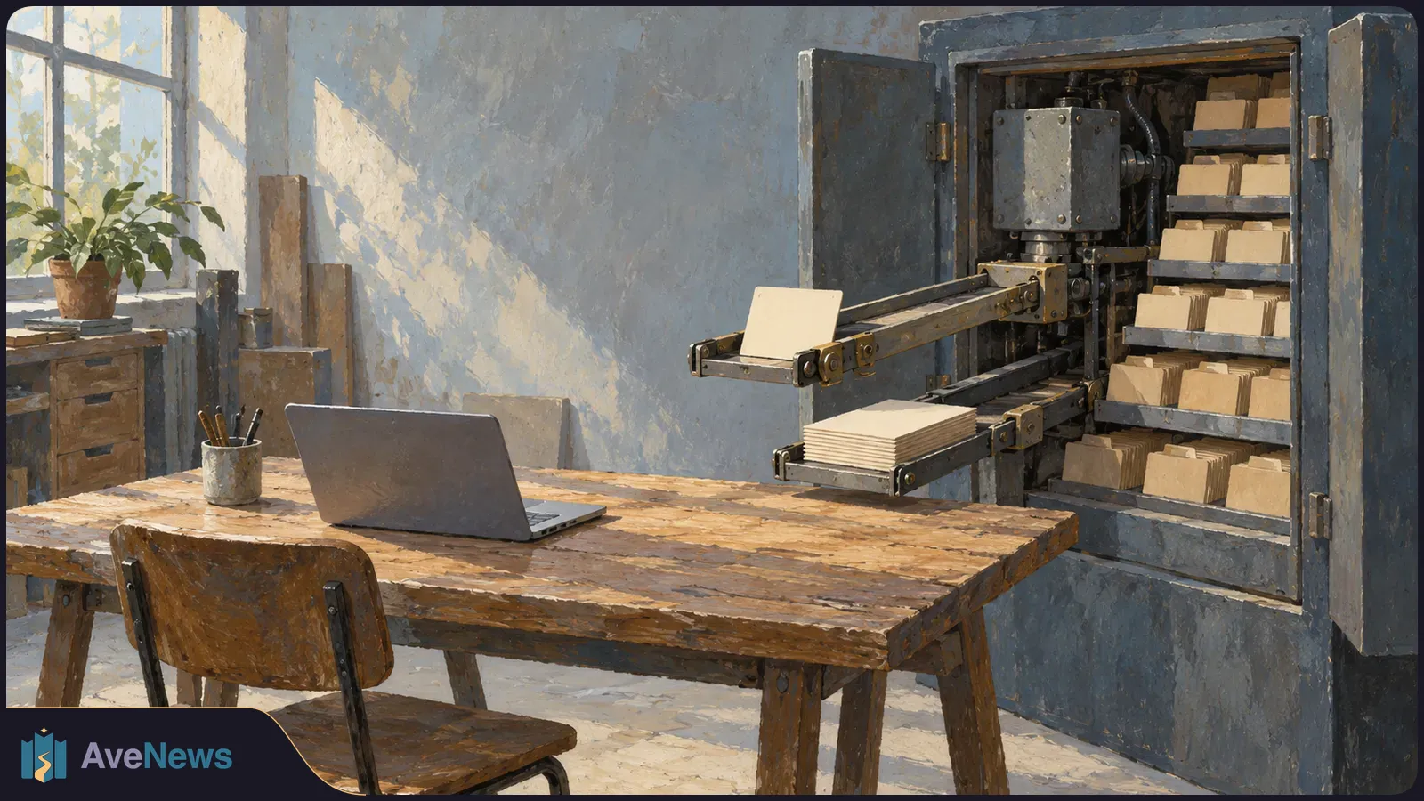 Painterly illustration of an open cabinet of file folders, with mechanical trays extending blank sheets toward a laptop on a wooden desk. SI illustration