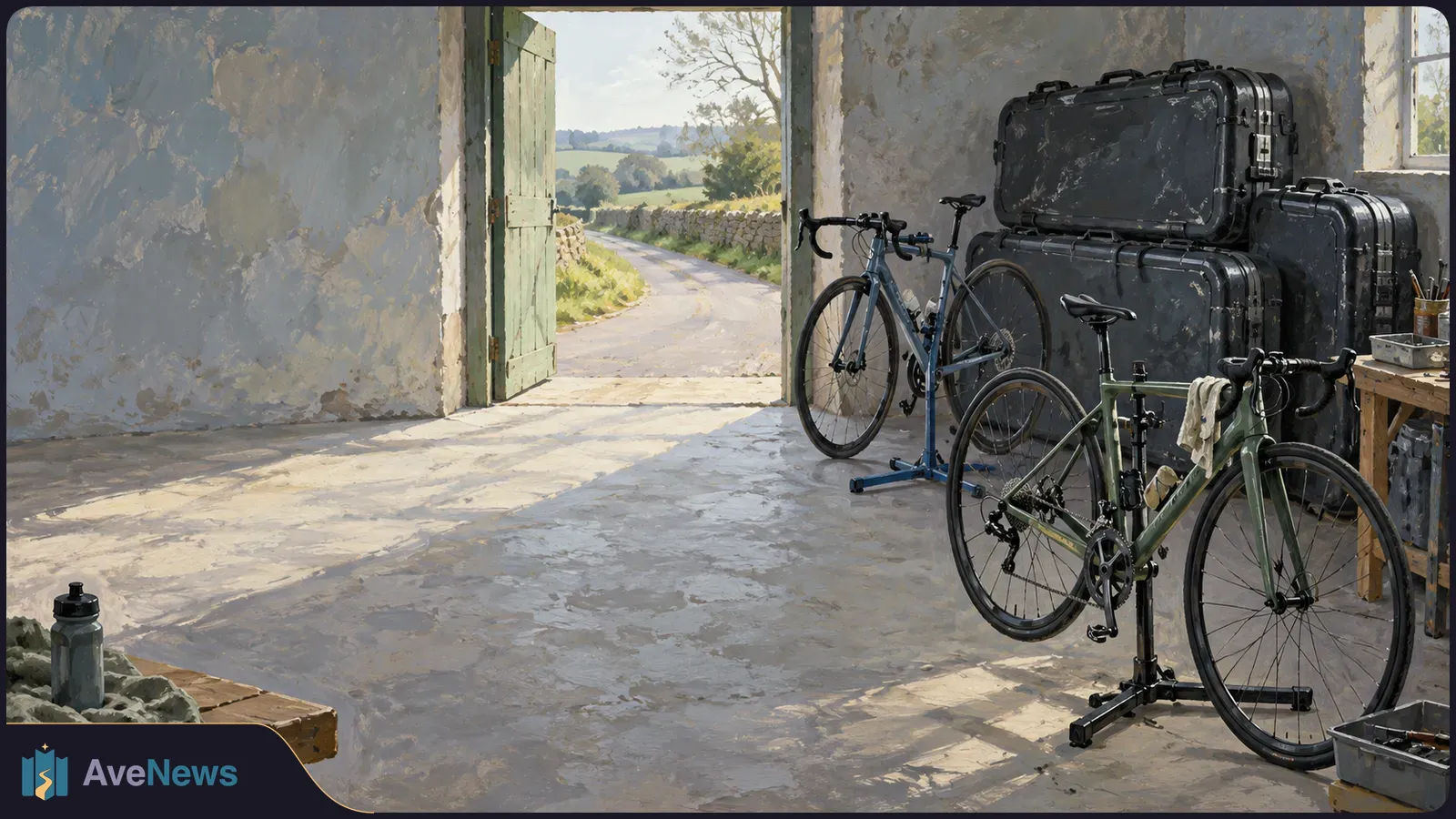 Two road bikes stand beside stacked black travel cases in a sunlit workshop. An open door looks onto a winding country lane. SI illustration